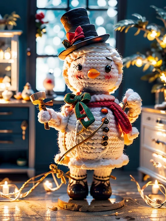 a cute white snowman illustration, top hat, holding cane, red scarf, 3d animation, a Christmas trees and kitchen for background, Blurry background, Christmas ambience