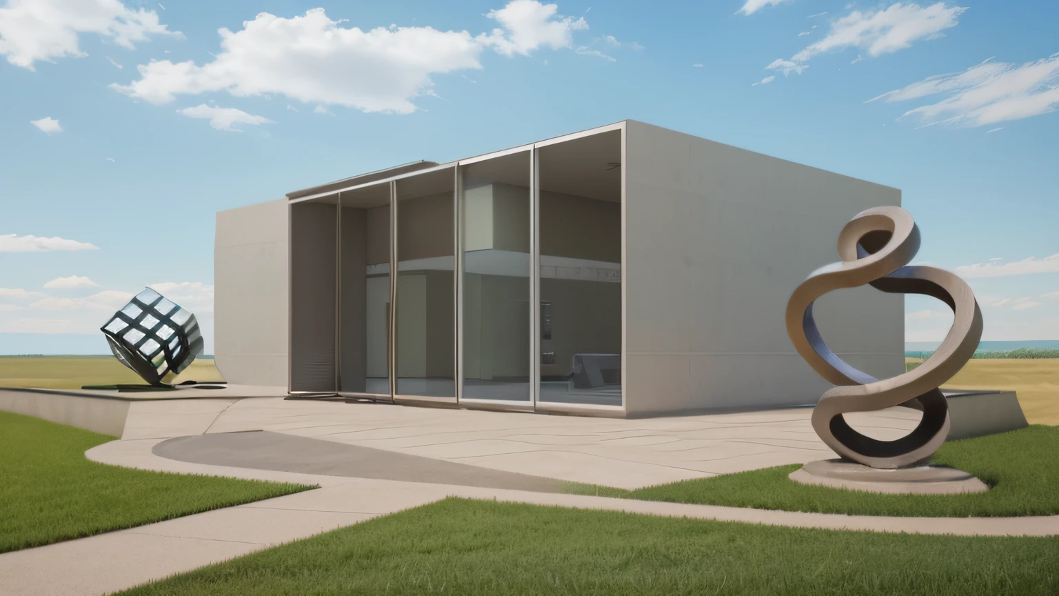 A rendering of a plaza in front of one office building, stone pathway to building and from right to left, one steel sculpture on the left and one steel sculpture on the right, hilly grass between building and plaza, ((nice grass lawn)), beautiful sky, daylight, bright daylight, two-point perspective, human perspective, realistic, masterpiece, ultra-detailed, 4K, photographic rendering, commercial