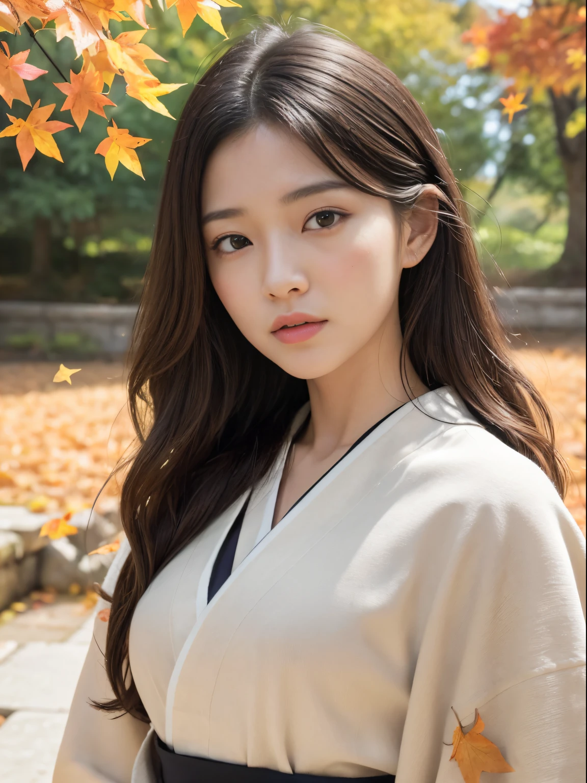 Ultra high-definition images, 1girl in, Have a white apron,(Kimono)Full body high-definition painting　(top-quality,​masterpiece:1.3,超A high resolution,),(ultra-detailliert,Caustics),(Photorealsitic:1.4,photographed,)Ultra-realistic capture,A highly detailed,high-definition16Kfor human skin、 Natural Skin Texture、、The skin looks healthy with an even tone、 Use natural light and color,One Woman,japanes,,kawaii,A dark-haired,Middle hair,(depth of fields、chromatic abberation、、Wide range of lighting、Natural Shading、)（Autumn leaves dyed bright red）(I Arashiyama Park with autumn leaves)))(Hair swaying in the wind:1.2)、(Autumn leaves do not reflect light:1.3)　actress with a very beautiful face