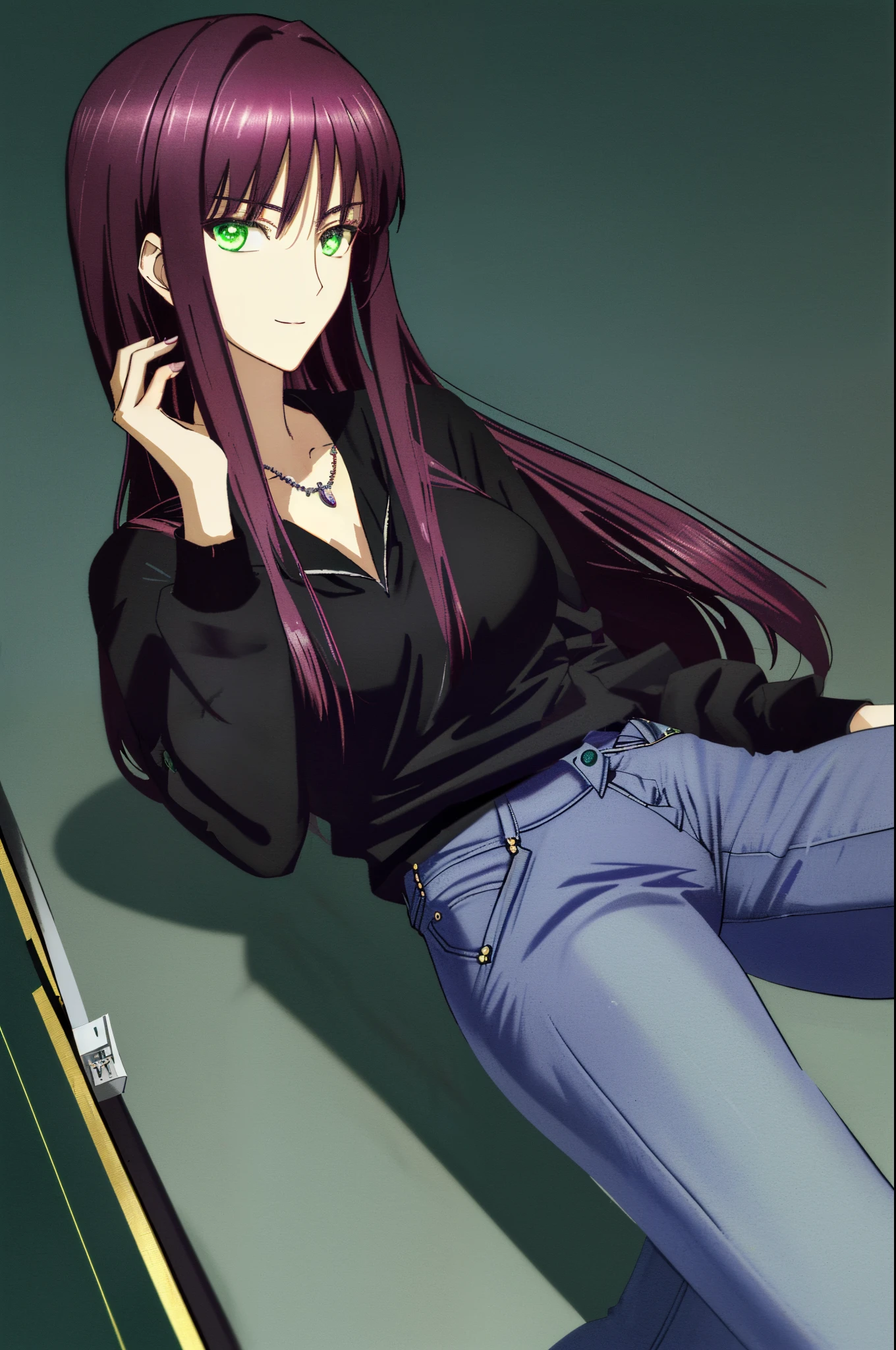 UHD,hiquality,Connect ticker and 8K, hight resolution,Very detailed CG, High quality shadows, Detail Beautiful delicate face, Detail Beautiful delicate eyes,BREAK(Highly detailed 8k wallpapers),(Highly detailed CG 8K wallpaper),Makima (chain saw man),Sukasaha (Fate/grand order),Shimohira Reihua ,Hi-Res,Very delicate and beautiful CG illustration,top-quality,beautiful thigh,big breasts thin waist,(((masutepiece))), (((Best Quality))),8K,32K,masterpiece,beautiful alluring anime woman,ultra-definition,ultra-detailliert,hight resolution,a hyperrealistic schoolgirl,masuter piece, Best Quality, High quality, High Definition, high quality texture, high quality shadow, high detailing,finely detail,A teenage girl,1girl in,High school students,Solo,Soio,Only one person,Alone,One Person,taki,Mature atmosphere,Leg length,neat and long legs,8 Head Body,stature:171cm,Mature girls,Reddish-purple hair,Reddish-purple hair,Purple hair,cassis colored hair,silky and smooth hair,Colorful hair,Straight hair,Smile,Cool Beauty,Beautuful Women,Neat face, Beautiful realism,Seductive look,Bewitching look,serene expressions,beautiful hairl,She wears a necklace around her neck,Necklace,bead necklace,magatama accessories,A slight smil,Colorful eyes,green colored eyes,Jade-colored eyes,beautidful eyes,Bright eye,Delicat eyes,Eyes Like Gems,Jade Eyes,Hanging eyes,(Green eyes:1.5),Seductive face,Watching the viewer,Model photo,simple background,Black hair, longeyelashes, lightsmile, Reddish-purple hair, cassis colored hair, Hairpin, lightsmile, Seductive smile, Jade-colored eyes, PUPILS SPARKLING, Hanging eyes, multicolored eyes, anime style, Hyperrealism, Realism, anime, 8k, super detail, ccurate, best quality, 16k, anatomically correct, ccurate, UHD, 16k, highres, best quality,parka,Plain clothe,((Black Lowrise Skinny Long Jeans)),hooded sweatshirt,((Sweatshirt)),stroll,Building Street,Sunlight,blue-sky,stroll,Bustling street,during daytime,Walking,takeout,Out,