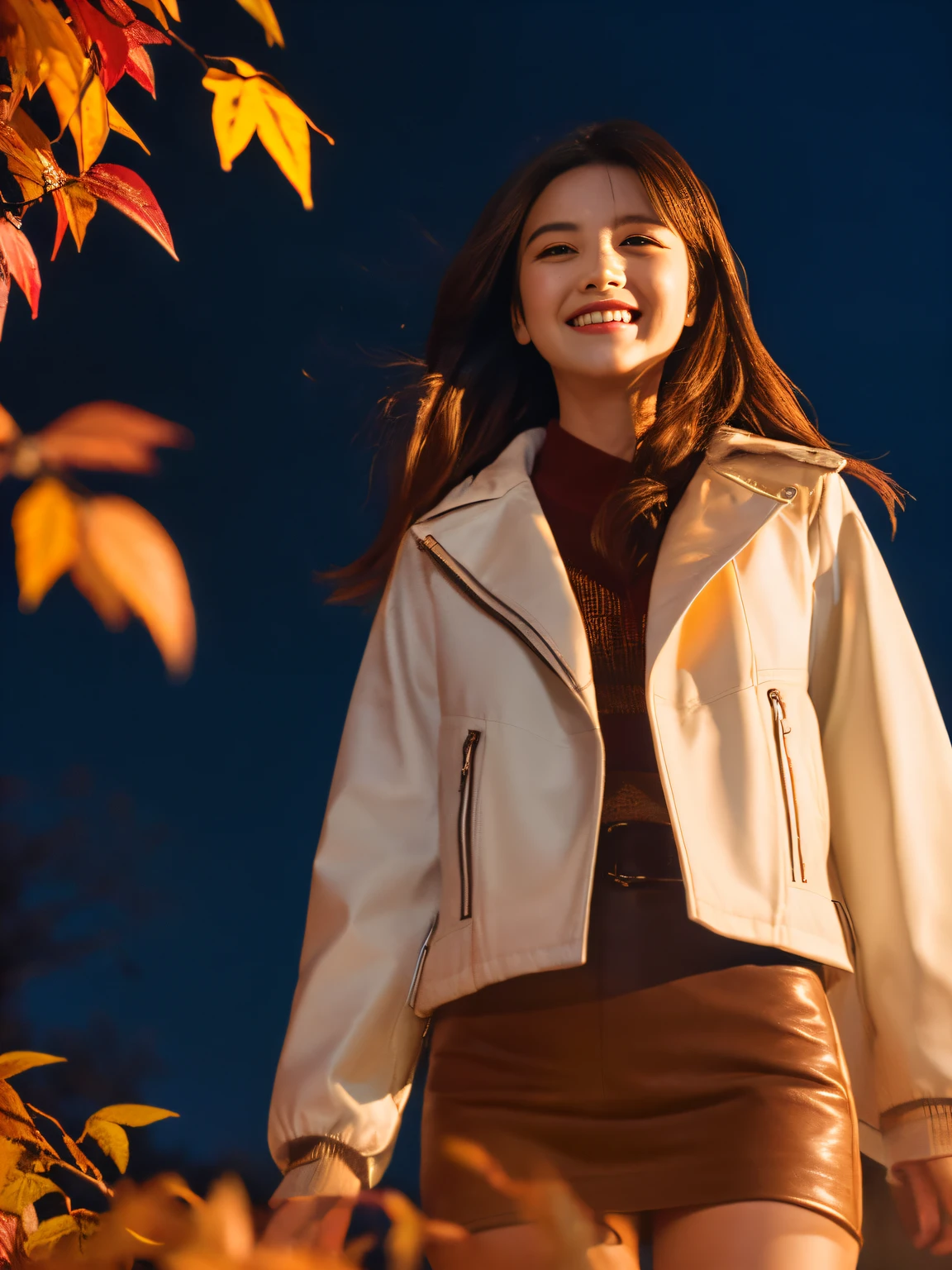 A masterpiece of ultra-high definition video, Best Quality, Night, mont, fullmoon, long chestnut hair , Woman, Stars, mysterious bright red autumn leaves, red leaves, High quality, Beautiful graphics, high detailing white jacket and red tight miniskirt,PINK SHIRT, The best images,fullbody image, Smiling and looking at the camera, Unparalleled beauty details