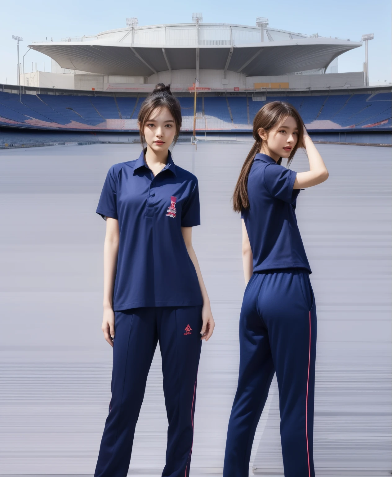 (bestquality,10,10,highres,masterpiece:1.2),ultra-detail,(Realistic,photorealistic portrait,photo-realistic:1.37),1 Cute girl in the football field,oily shiny skin,bara,light smile,BDclothelue shirt:1.3)),short sleeves,shirt, trousers.,(navy_long_Pants Track:1.1), ((Stadium Background:1.3)),dynamic angle,excited,face focus,Dynamic Poses,from behide,Ass Focus,masterpiece, bestquality, ultra realistic, hyper-detail, 8k resolution, RAW photo, crisp focus, ((Navy blue shirt:1.1)), short sleeves, Long Path, Perfect body, 2 mature women, 18yo, cinematic light,Blue sweatpants,Gymware,Correct anatomy,Complete body, Correct body, sharp face, Anatomically correct body, full entire body, Realistic gestures, long-haired, Realistic poses,Wear long shorts............................,Long leg span,Shapely,Sculpting Girl, Slender Figure, mannequin mannequins, Shapely, Beautiful body,Blue sweatpants, Two girls kissing