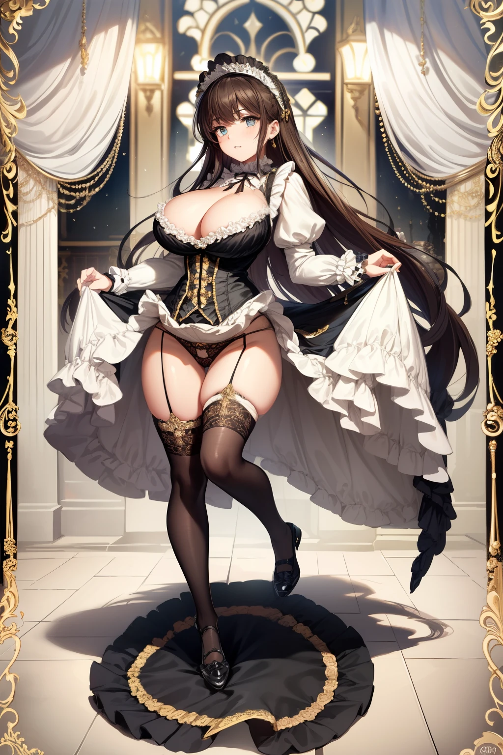 (Masterpiece, High Quality, High-Detailed, Detailed CG, Cinematic Lighting, Beautiful Detailed Eyes, Ultra Resolution), (Full Body Shot), (Erotic Suggestiveness:1.0), (Victorian Aesthetic Outfit:1.6), (Erotic Victorian Aesthetic Outfit:1.0), (Yellow & Gold Victorian Aesthetic Outfit:1.0), (Long Skirt Victorian Aesthetic Outfit:1.0), (Exposed Breast Dress:1.0), NSFW, Anime Female, Huge-Breast, Thigh, Black-Pantyhose, Blue-Eye, Long Hair, Brown-Hair, Exposed Black-Panties, Victorian Background