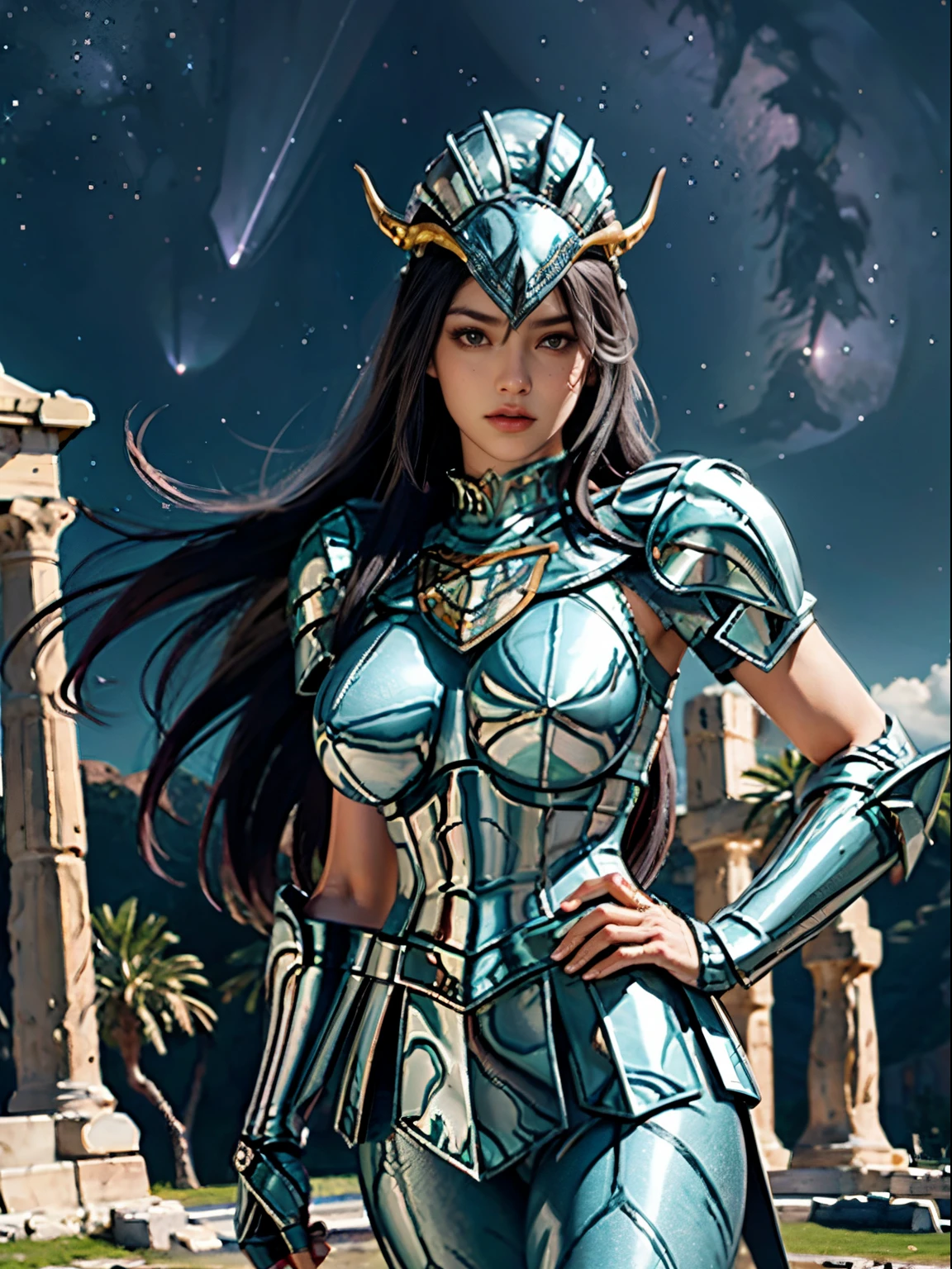 masterpiece, best quality, ultra high res, realistic skin texture, armature, (photorealistic:1.4), high resolution, raw photo, shiny skin, realistic skin texture, best lighting, sparkle, dramatic lighting, dynamic pose, (greek temple background:1.3), night sky, cosmos, milky way, 1girl, (medium breast:1.1), balanced eyes, Dragon Shiryu wearing green silver armor, purple pants, purple short sleeve shirt, wearing dragon helmet, roman skirt plate, (breast plate:1.5), very long hair, shield, cleavage,