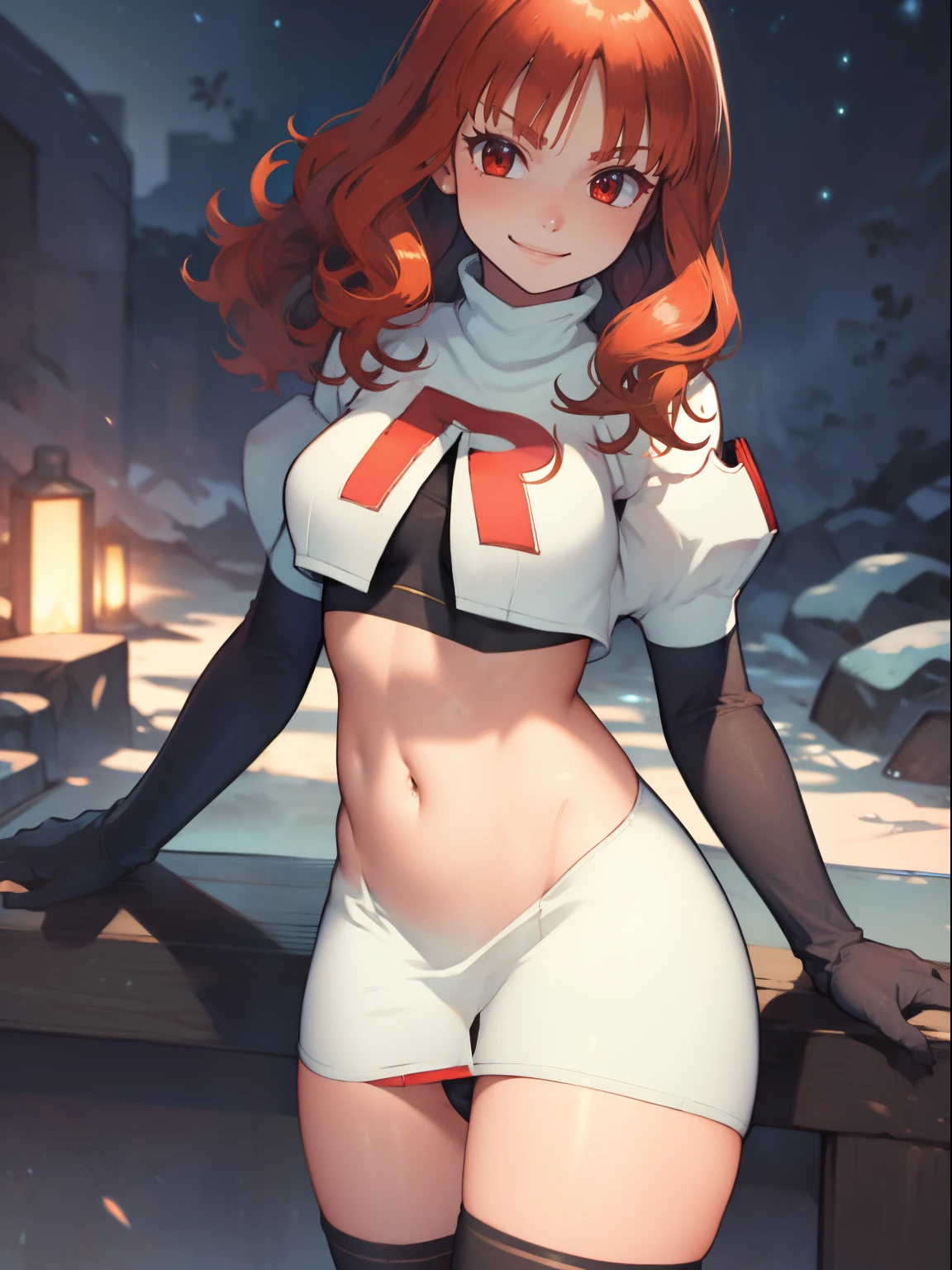 celica fe, team rocket uniform, red letter R, white skirt,white crop top,black thigh-high boots, black elbow gloves, evil smile, looking at viewer, cowboy shot, sexy pose, night sky background