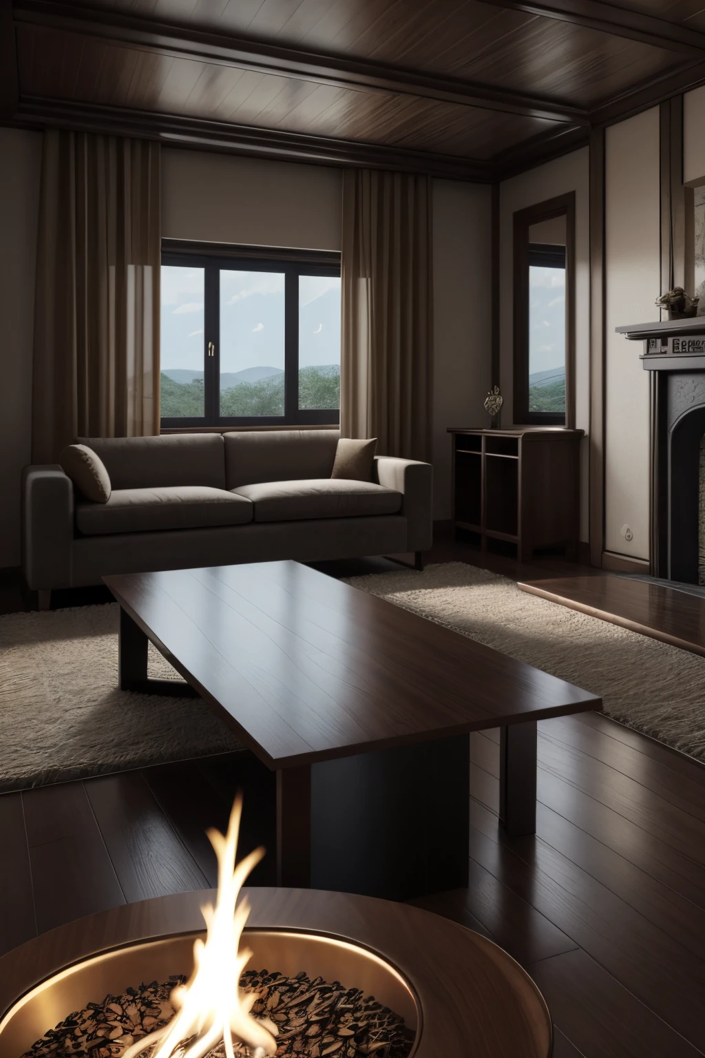 Fireplace front view（View of the camera）and the sun was shining brightly，There are glass windows，There are tea leaves on the coffee table，There  a flame in the fireplace，Surreal Photo，tmasterpiece，Best quality， atmosphere， ultra - detailed， 超高分辨率，Indoor HD rendering