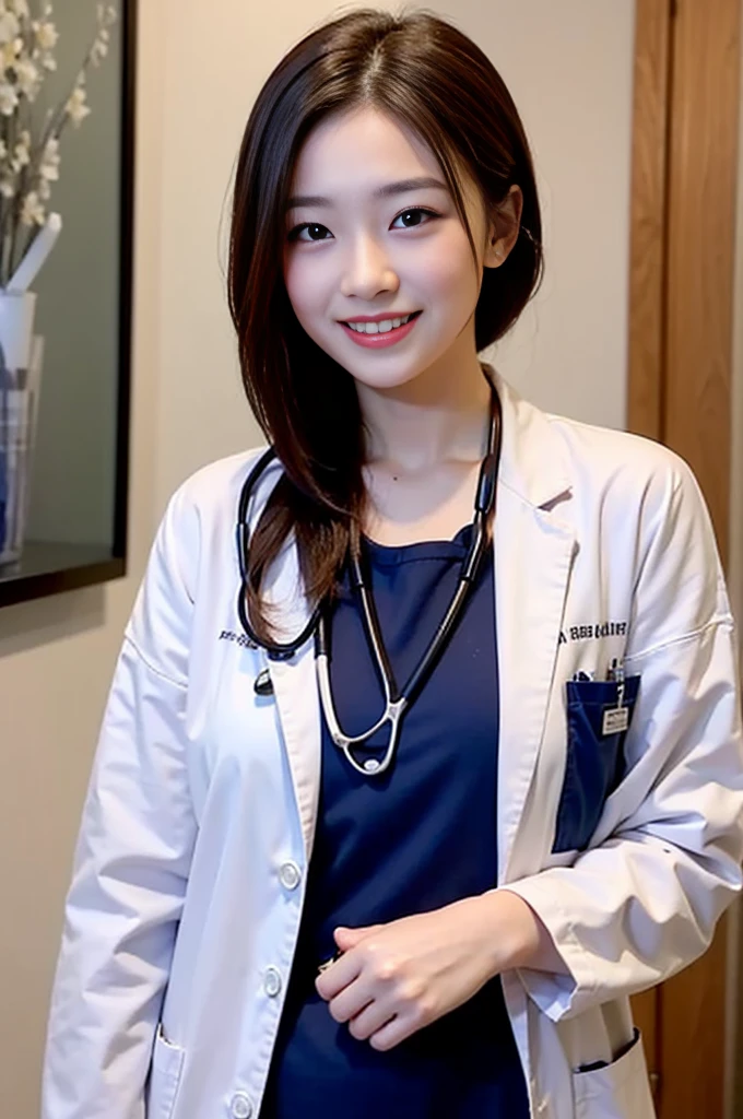 The most beautiful woman who works as a doctor、with shiny brown hair、White Y-shirt and navy miniskirt、Wearing a long medical coat、Stethoscope on the neck、Very enchanting.。She's full of confidence々Smiled at.、toward to the camera。her fashion and expressions、A perfect balance between cuteness and elegance、It draws the viewer in and doesn&#39;t let go.。Through this scene、Express her charm to the fullest。"