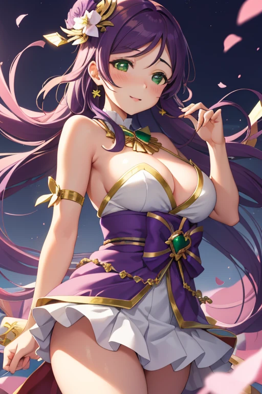1girl in, Nozomi Tojo, (Green eyes:1.5), Purple hair, Long Straight,breasts protruding from clothes,, slight smile, Looking at Viewer, POV, blush, Large breasts, Solo Focus, floating hearts,
masutepiece, Best Quality, beautifullydetailedbackground, Cinematic lighting, Dark,shrine maiden clothe