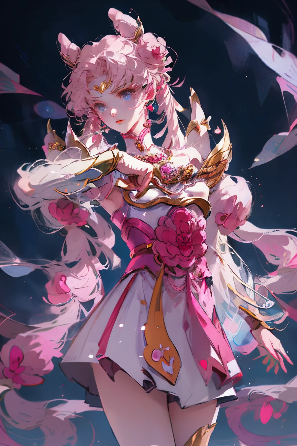 Anime manga girl，Pink Long Hair，He  holding a cat in his hand, twelve zodiac knight avatar, anime in fantasy style, Digital anime illustration, Japanese anime fantasy illustrations, shadow poetry style, detailed digital anime art, Enchanting elven princess knight, Anime style 4k, anime illustration, portrait of the magical girl, anime styled digital art, digital anime art, anime style portrait