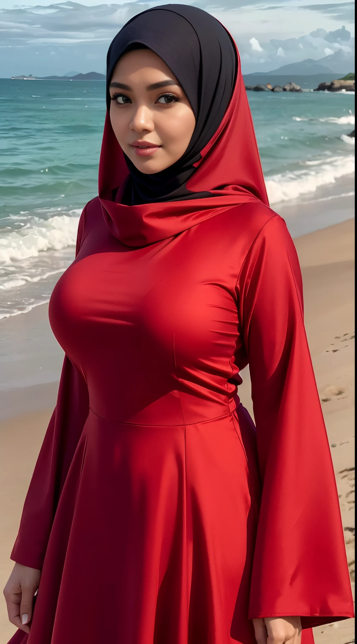 RAW, Best quality, high resolution, masterpiece: 1.3), beautiful Malay woman in hijab, Masterpiece, perfect body, (big breasteautiful big eyes, soft smile, beautiful face, Malay woman in red dress and black scarf standing on beach with ocean in background, in red and black, wearing red attire, red and black, black and red, wearing a red outfit, black and red dress, wearing red dress, inspired by Naza, taken in 2 0 2 0, serena malyon, profile pic, wearing a red dress, wearing red, malaysian