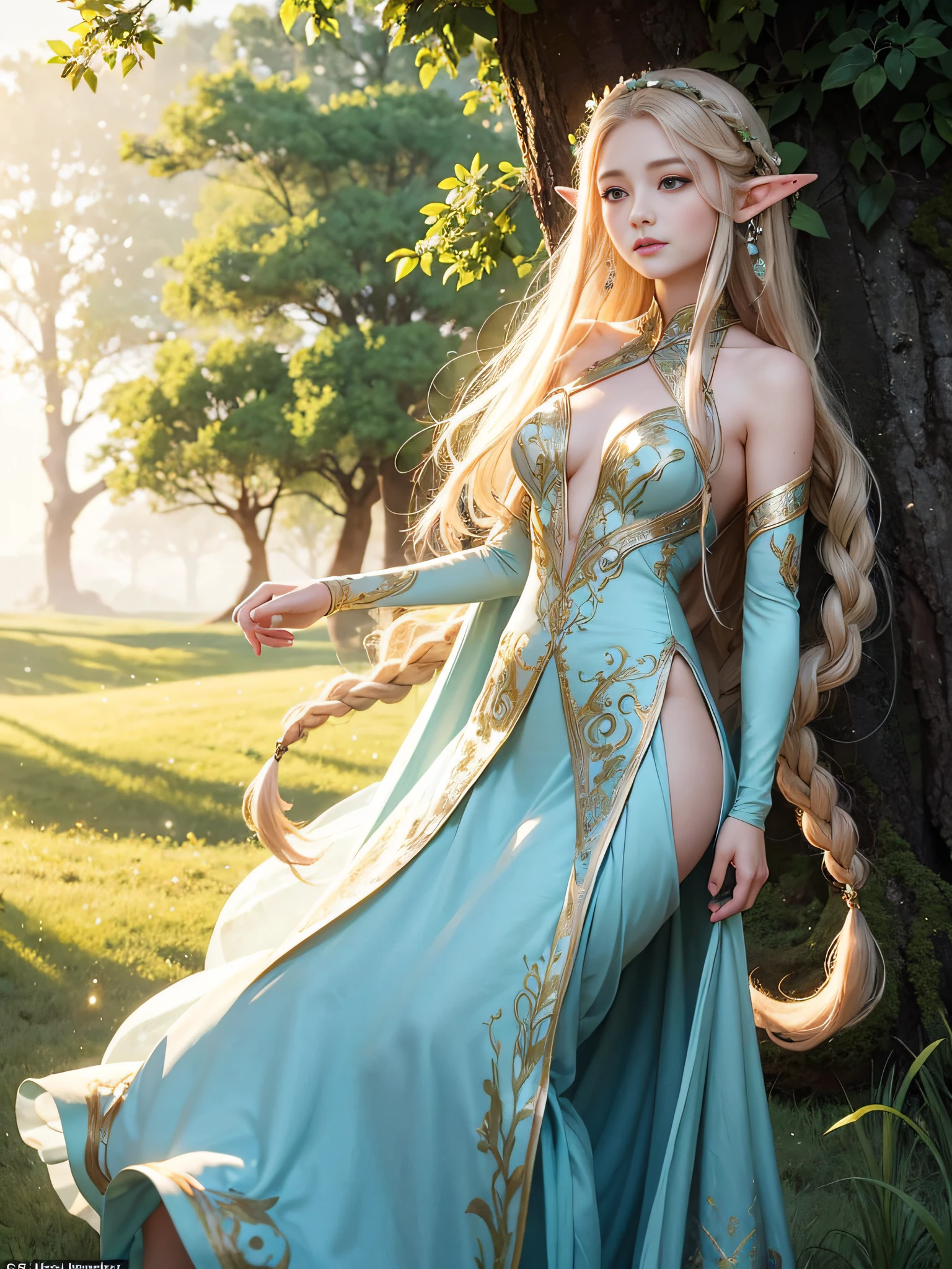 Graceful elven girl standing in the meadow, Rosto delicado iluminado pela luz suave do sol poente. Seu longo, Flying hair runs down your back, Decorated with intricate braids、Adornado com pedras preciosas cintilantes. This great photo is、、、It captures the ethereal beauty of elves. Figura esbelta no vestido de seda、Swaying in the gentle steppe breeze. attention to detail、Dude that's、Dude that's、Dude that's、Dude that's、This is evident in the dress's intricate patterns and subtle luminescence highlights.. pele. The elven girl's breathtaking portrait is、、、、、Crie uma atmosfera encantadora、Invites the viewer into a magical world.