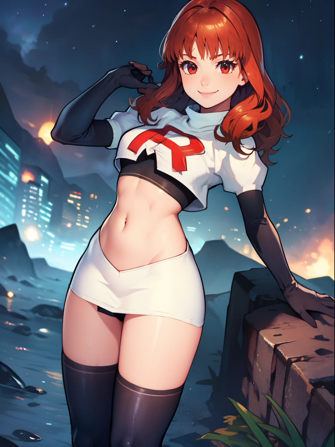 celica fe, team rocket uniform, red letter R, white skirt,white crop top,black thigh-high boots, black elbow gloves, evil smile, looking at viewer, cowboy shot, sexy pose, night sky background