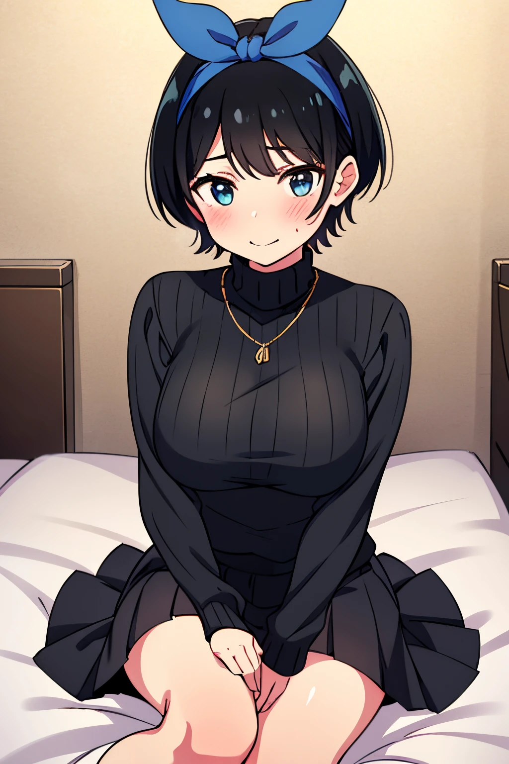 masterpiece, best quality, highres, 1girl, solo, jewelry, skirt, sweater, necklace, black skirt, black hair, short hair, ribbed sweater, socks, turtleneck sweater, turtleneck, white socks, blue eyes, long sleeves, pleated skirt, ribbon, breasts, bow, hair ribbon, hair ribbon, hair bow, bangs, big breasts, sarashina ruka,