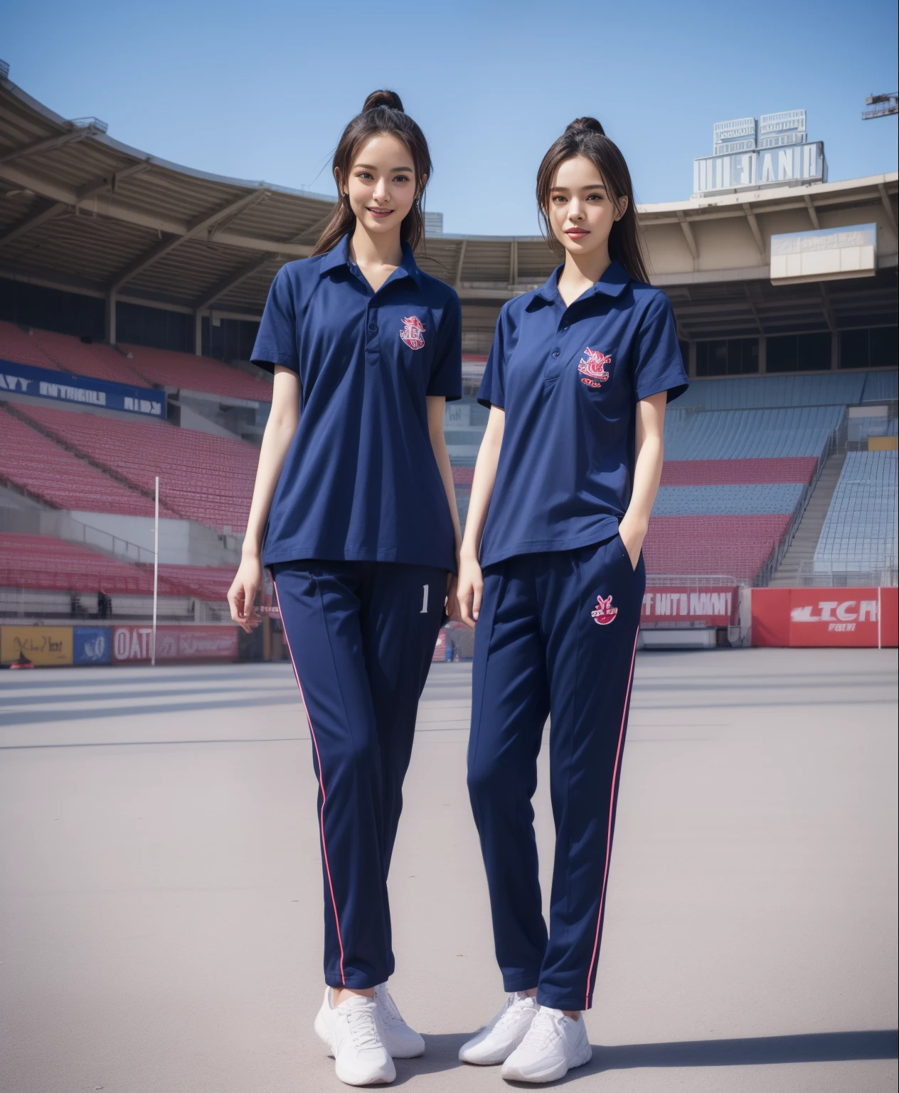 (bestquality,10,10,highres,masterpiece:1.2),ultra-detail,(Realistic,photorealistic portrait,photo-realistic:1.37),1 Cute girl in the football field,oily shiny skin,bara,light smile,BDclothelue shirt:1.3)),short sleeves,shirt, trousers.,(navy_long_Pants Track:1.1), ((Stadium Background:1.3)),dynamic angle,excited,face focus,Dynamic Poses,from behide,Ass Focus,masterpiece, bestquality, ultra realistic, hyper-detail, 8k resolution, RAW photo, crisp focus, ((Navy blue shirt:1.1)), short sleeves, Long Path, Perfect body, 2 mature women, 18yo, cinematic light,Blue sweatpants,Gymware,Correct anatomy,Complete body, Correct body, sharp face, Anatomically correct body, full entire body, Realistic gestures, long-haired, Realistic poses,Wear long shorts.............................,Long leg span,Shapely,Sculpting Girl, Slender Figure, mannequin mannequins, Shapely, Beautiful body,Blue sweatpants, Two girls kissing
