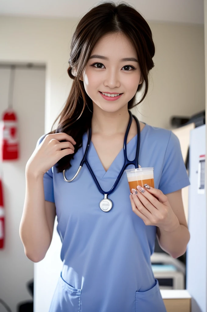 The most beautiful woman who works as a doctor、with shiny brown hair、Wearing a navy medical setup uniform、Stethoscope on the neck、Very enchanting.。She's full of confidence々Smiled at.、toward to the camera。her fashion and expressions、A perfect balance between cuteness and elegance、It draws the viewer in and doesn&#39;t let go.。Through this scene、Express her charm to the fullest。"