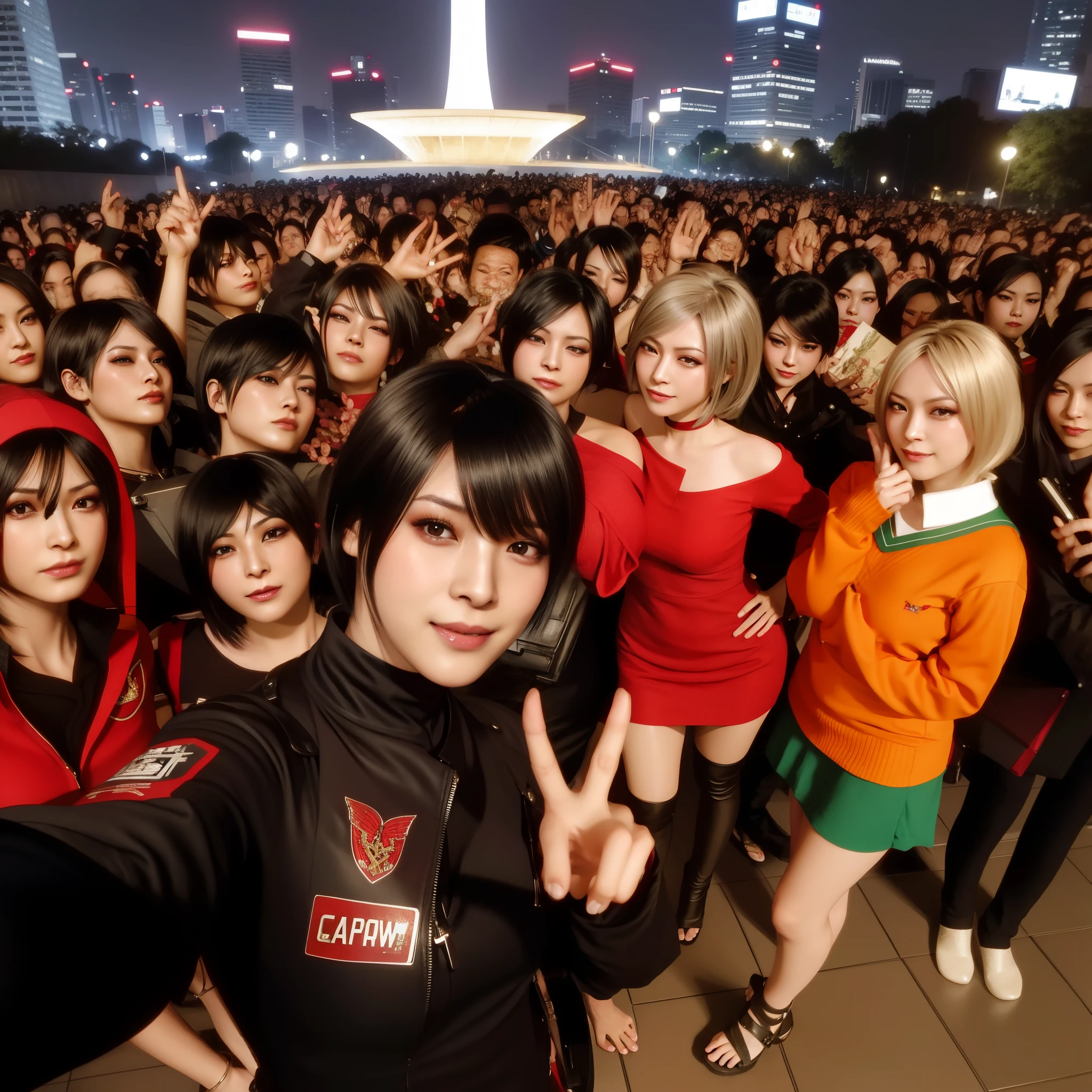 Ada wong, black bangs hair, red dress, happy expression , smile, looking at viewer