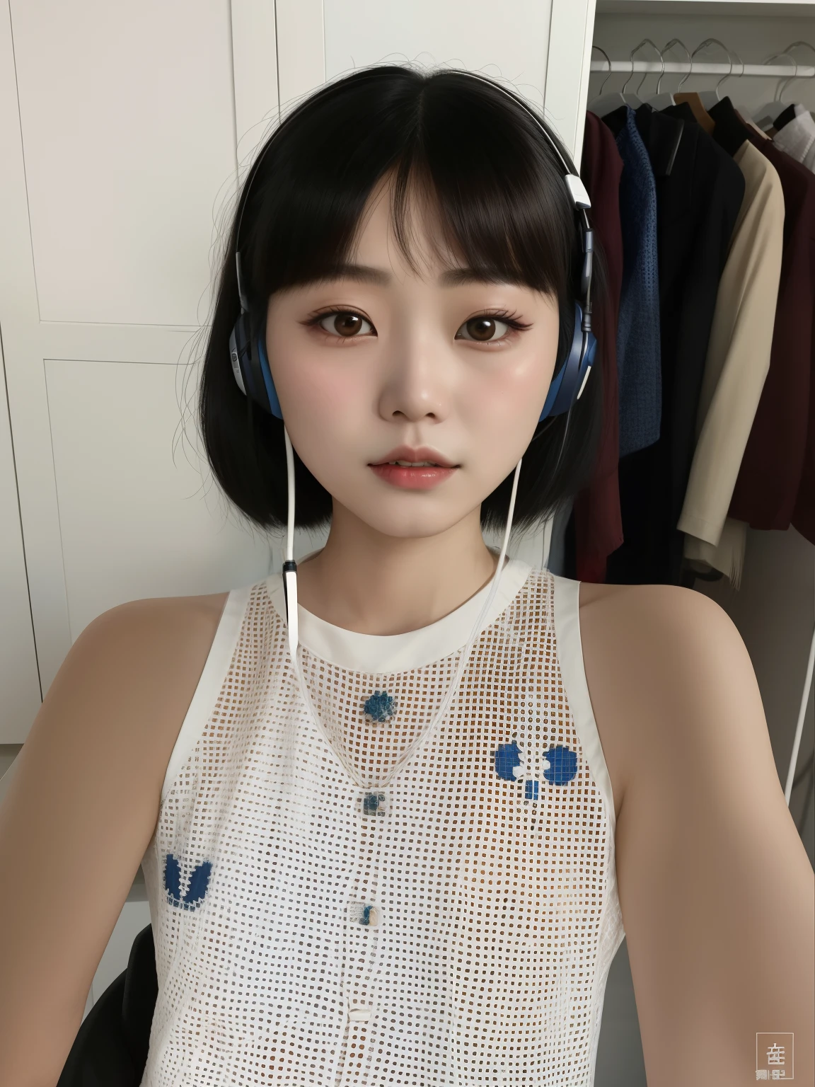 there is a woman in a white blouse and headphones, cruel korean goth girl, sem maquiagem, Wenfei Ye, Xision Wu, Xintong Chen, com cabelos curtos, franja contundente cai em sua testa, louise zhang, Ela tem cabelo preto com franja, Lulu Chen, olhar feio, Chengyou Liu, Kim Jung segura, O corte Hime