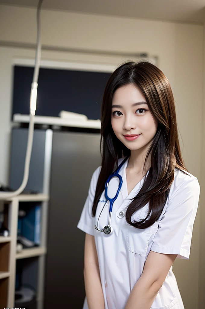 The most beautiful woman who works as a doctor、with shiny brown hair、Wearing a navy medical setup uniform、Stethoscope on the neck、Very enchanting.。She's full of confidence々Smiled at.、toward to the camera。her fashion and expressions、A perfect balance between cuteness and elegance、It draws the viewer in and doesn&#39;t let go.。Through this scene、Express her charm to the fullest。"