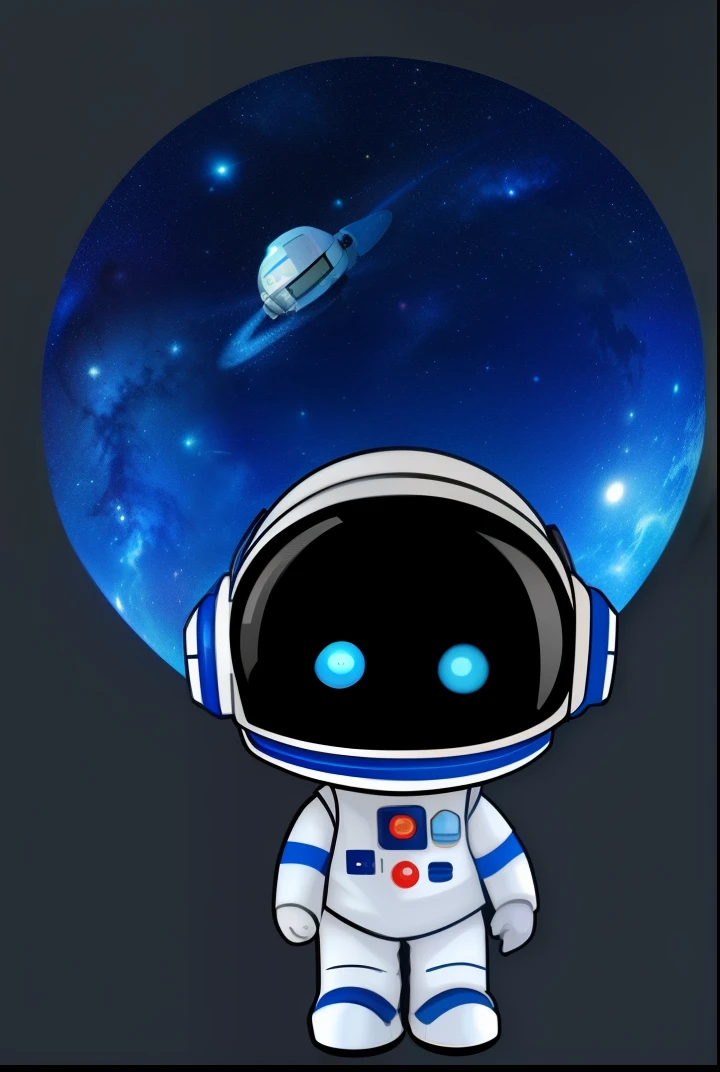 Astronaut character with round eyes, Wearing blue headphones,space backdrop,Cute humanoid robot, cute astronaut sticker art, head portrait, portrait anime space cadet girl, portrait of an ai astronaut, Space Boy, Sci-fi clothes, Cute robot, little astronaut looking up, Wide angle portrait of space boy, cute character, cosmic, Wearing a miniature space suit,Wearing an astronaut helmet,Full-body image