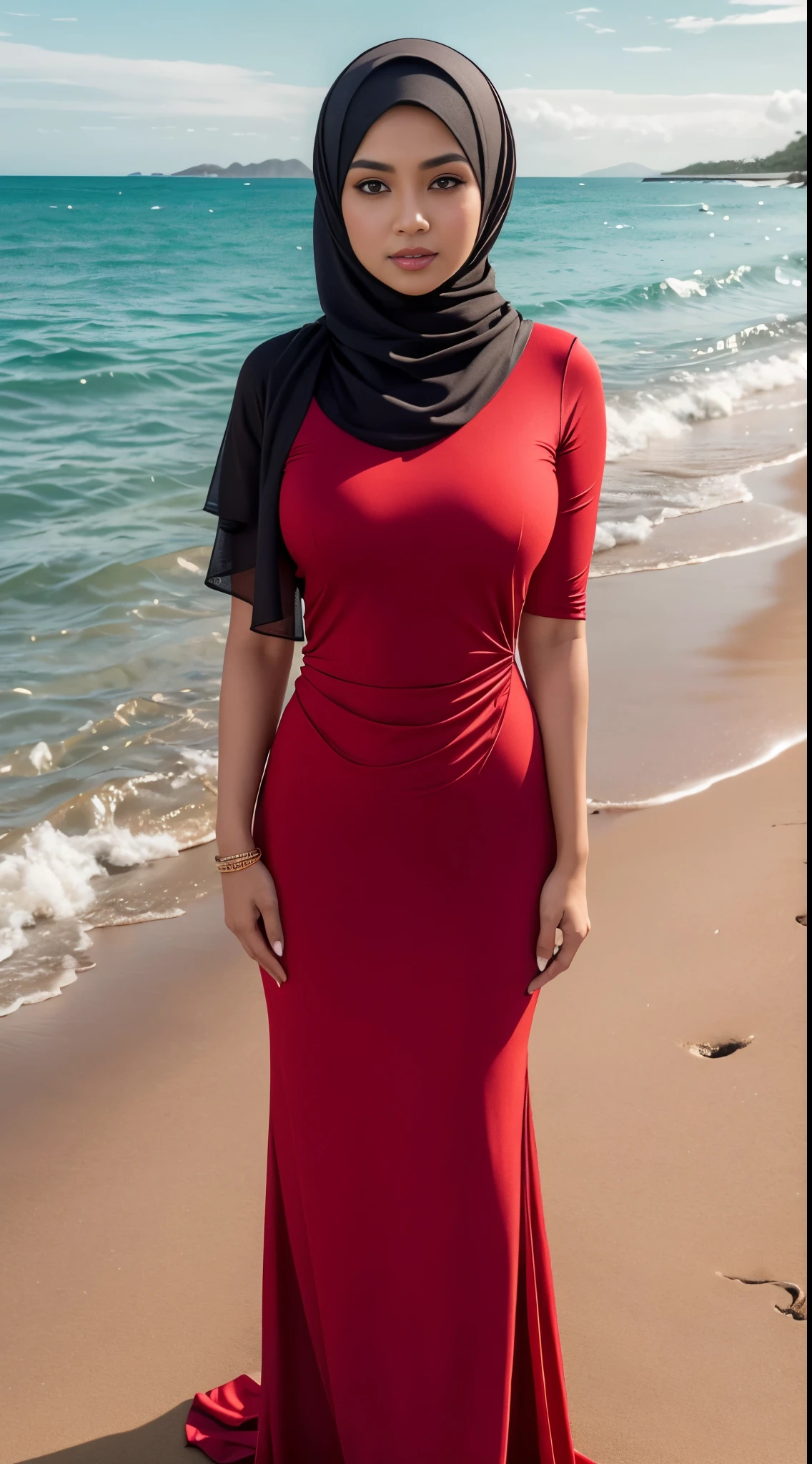 RAW, Best quality, high resolution, masterpiece: 1.3), beautiful Malay woman in hijab, Masterpiece, perfect body, (big breast),beautiful big eyes, soft smile, beautiful face, fullbody, Malay woman in red dress and black scarf standing on beach with ocean in background, in red and black, wearing red attire, red and black, black and red, wearing a red outfit, black and red dress, wearing red dress, wearing a red dress, wearing red, malaysian