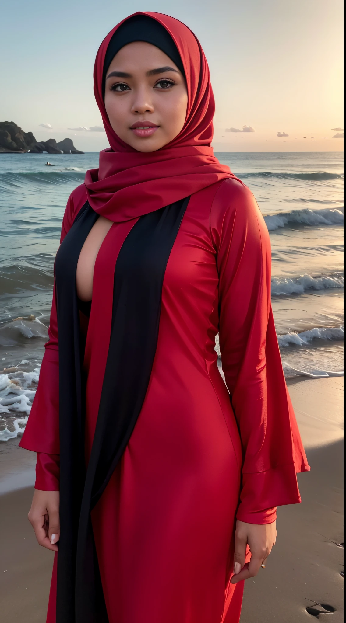 RAW, Best quality, high resolution, masterpiece: 1.3), beautiful Malay woman in hijab, Masterpiece, perfect body, (big breasteautiful big eyes, soft smile, beautiful face, Malay woman in red dress and black scarf standing on beach with ocean in background, in red and black, wearing red attire, red and black, black and red, wearing a red outfit, black and red dress, wearing red dress, inspired by Naza, taken in 2 0 2 0, serena malyon, profile pic, wearing a red dress, wearing red, malaysian