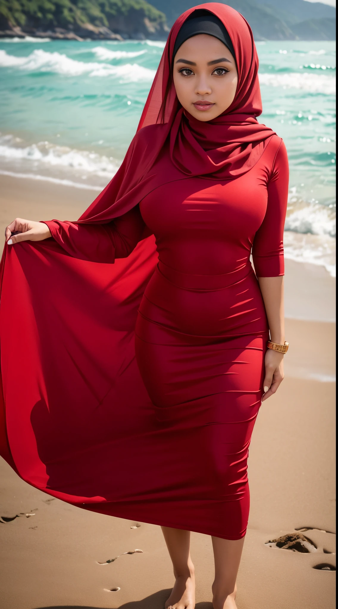 RAW, Best quality, high resolution, masterpiece: 1.3), beautiful Malay woman in hijab, Masterpiece, perfect body, (big breast),beautiful big eyes, soft smile, beautiful face, fullbody, Malay woman in red dress and black scarf standing on beach with ocean in background, in red and black, wearing red attire, red and black, black and red, wearing a red outfit, black and red dress, wearing red dress, wearing a red dress, wearing red, malaysian