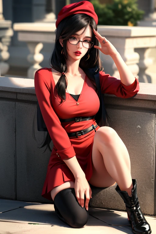 Estilo anime, ................3d, Uma mulher de 27 anos com cabelos marrom na altura dos ombros, brunette and wearing glasses, exibindo um estilo ousado e rock'n'roll. Ela vestindo um vestido de natal vermelho, On his head a red Christmas hat . On the feet, ela usa botas de couro preto com fivelas e sola robusta. Your hair a little messy, complemented by an intense red lipstick and black eyeliner that enhances your eyes. Ela possui seios pequenos e um olhar sedutor.