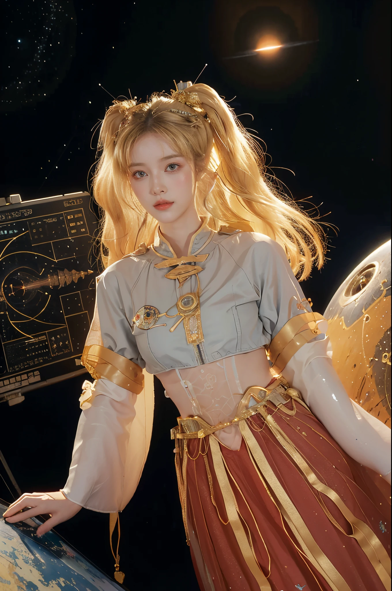 (Young girls, 12year old, blond hairbl, realisticlying, pale-skinned), ('s (The eye:1.2)), (Slim figure:1.3), (fantasy space suit), pretty  face, Symmetrical face, Greg Rutkoski, wlop and Sam Kuvshinov, (long whitr hair), Golden eyelashes, big irises, Large pupils, full bodyesbian, Standing on the background of the space launch site, art  stations, 8K, scientific fiction, pastelcolor, props, Control board, conceito, A futuristic, Purr, Simon Starhag, the space, in outer space, A spaceship in the sky, Technology block