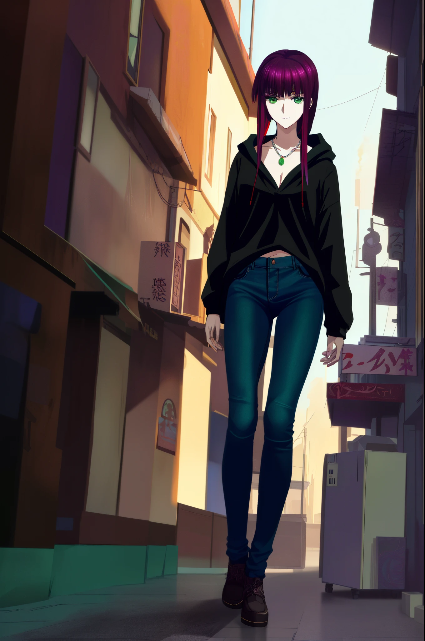 UHD,hiquality,Connect ticker and 8K, hight resolution,Very detailed CG, High quality shadows, Detail Beautiful delicate face, Detail Beautiful delicate eyes,BREAK(Highly detailed 8k wallpapers),(Highly detailed CG 8K wallpaper),Makima (chain saw man),Sukasaha (Fate/grand order),Shimohira Reihua ,Hi-Res,Very delicate and beautiful CG illustration,top-quality,beautiful thigh,big breasts thin waist,(((masutepiece))), (((Best Quality))),8K,32K,masterpiece,beautiful alluring anime woman,ultra-definition,ultra-detailliert,hight resolution,a hyperrealistic schoolgirl,masuter piece, Best Quality, High quality, High Definition, high quality texture, high quality shadow, high detailing,finely detail,A girl,1girl in,High school oio,Only one person,Alone,One Person,taki,Mature atmosphere,Leg length,neat and long legs,8 Head Body,stature:171cm,Mature girls,Reddish-purple hair,Reddish-purple hair,Purple hair,cassis colored hair,silky and smooth hair,Colorful hair,Straight hair,Smile,Cool Beauty,Beautuful Women,Neat face, Beautiful realism,Seductive look,Bewitching look,serene expressions,beautiful hairl,She wears a necklace around her neck,Necklace,bead necklace,magatama accessories,A slight smil,Colorful eyes,green colored eyes,Jade-colored eyes,beautidful eyes,Bright eye,Delicat eyes,Eyes Like Gems,Jade Eyes,Hanging eyes,(Green eyes:1.5),Seductive face,Watching the viewer,Model photo,simple background,Black hair, longeyelashes, lightsmile, Reddish-purple hair, cassis colored hair, Hairpin, lightsmile, Seductive smile, Jade-colored eyes, PUPILS SPARKLING, Hanging eyes, multicolored eyes, anime style, Hyperrealism, Realism, anime, 8k, super detail, ccurate, best quality, 16k, anatomically correct, ccurate, UHD, 16k, highres, best quality,parka,Plain clothe,((Black Lowrise Skinny Long Jeans)),hooded sweatshirt,((Sweatshirt)),stroll,Building Street,Sunlight,blue-sky,stroll,Bustling street,during daytime,Walking,takeout,Out,