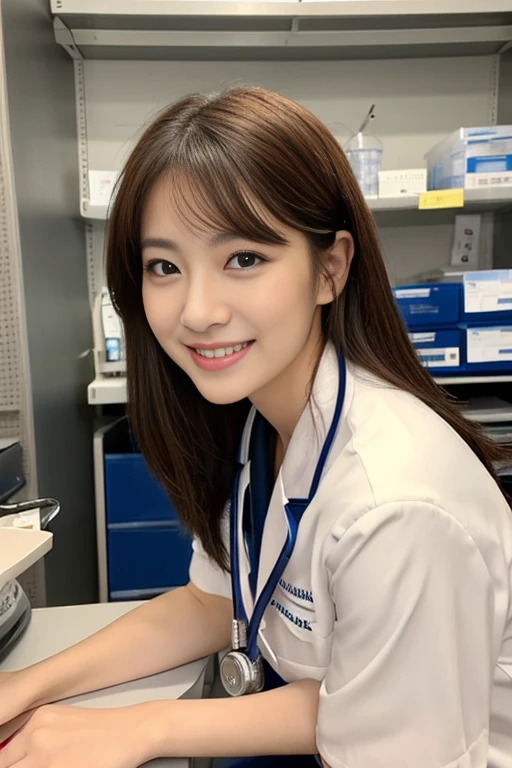 The most beautiful woman who works as a doctor、with shiny brown hair、Wearing a navy medical setup uniform、Stethoscope on the neck、Very enchanting.。She's full of confidence々Smiled at.、toward to the camera。her fashion and expressions、A perfect balance between cuteness and elegance、It draws the viewer in and doesn't let go.。Through this scene、Express her charm to the fullest。"