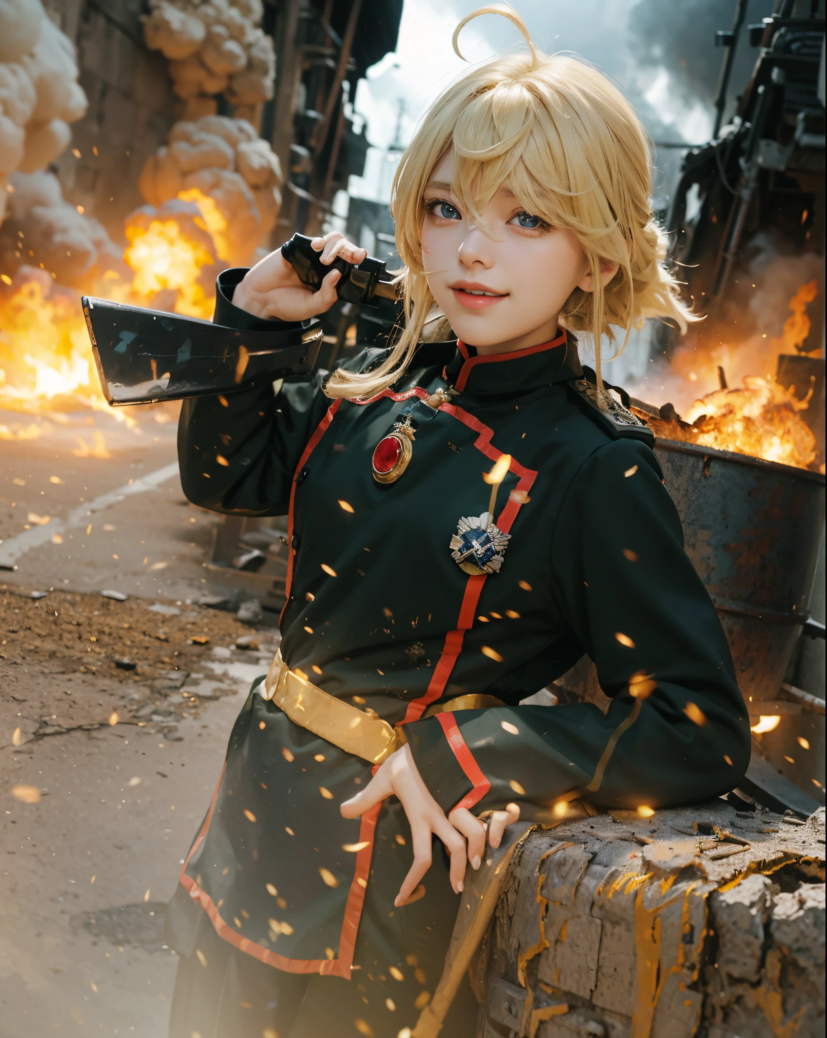 ((Tanya von Degurechaff Youjo Senki)),((realistic, photorealistic)),(highlight hair)), Light reflection, (( HD )), navel, detached sleeves,((upper body)), (((best quality, masterpiece))),Dressed as a war soldier, with a war hat on his head, yellow hair, sitting in the position of the main character,World war destruction background,Particles fire,Smoke,Britt Baker portrait photo beautiful woman hair updo upsweep nightclub sitting on luxury bench Black (masterpiece) (best quality) (detail) (8k) (HDR) (wallpaper) (cinematic lighting) (sharp focuasterpiece, best quality: 1.1), 1girl solo, tanya, 1girl, solo, petite, flat chest, small breasts, curvy, military, military uniform, military salute, general hat, cute smile,red eyes, background World War ,Holding a weapon,The barrel exploded