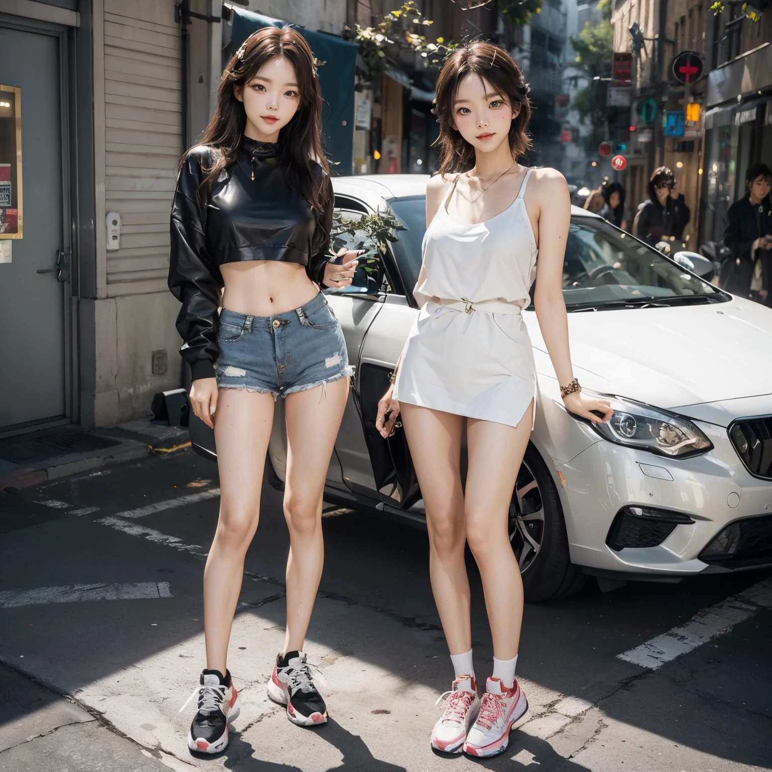 (((supermodel style character in detailed full body))), photo of a korean woman named koreanbabe, , Shooting for one person only, cute, kawaii, blush, big eyes, big breast, nfsw, detailed face, detailed pupils, detailed iris, skin texture, detailed eyes, Beautiful waist, very slender legs, very slender physique, sexy, seductive, Very aesthetic, (looking at viewer:1.25), thin arms, eye shadow, skin pores, lips, nose, keylight reflection on eyes, (natural smile), photorealistic light, (masterpiece:1.2) and (best quality:1.2) and (photorealistic:1.2) and (Realistic:1.4), natural light, flash photography, Cinematic Feeling, (((Colorful))), (Perfect body : 1.1), (dynamic angle, dynamic pose:1.2), ((full body : 1.4)), ((Standing: 1.5,)), ((posing: 1.2)), wearing a cool and -inspired streetwear outfit for a girl who wants to make a statement. Focus on athleisure pieces, trendy sneakers, and edgy accessories to create a modern and casual vibe
