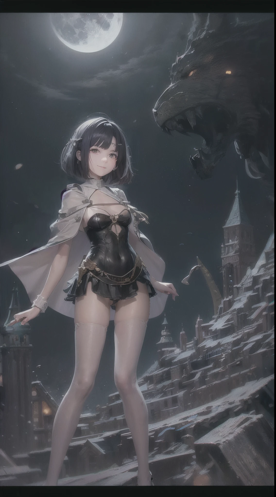 One lady,ar old, ,((())), (()), (())((I'm opening my mouth)),((micro skirt, bodysuit and short cloak))(A smile),,(A dark-haired,),((Fantasy,Moon Night))((Clothes are torn))