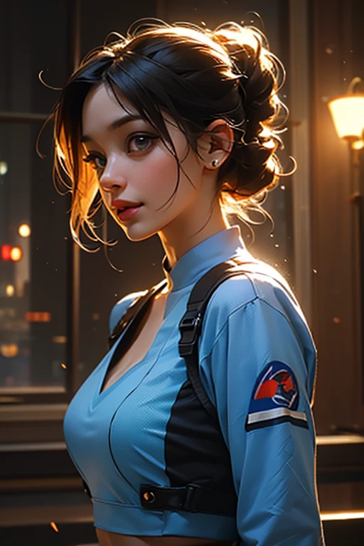 Jill Valentine (resident evil), blue uniform crop top, masterpiece, best quality, (extremely detailed CG unity 8k wallpaper, masterpiece, best quality, ultra-detailed, best shadow), (detailed background), (beautiful detailed face, beautiful detailed eyes), nice smile, looking at camera, High contrast, (best illumination, an extremely delicate and beautiful),1girl,((colourful paint splashes on transparent background, dulux,)), ((caustic)), dynamic angle,beautiful detailed glow, fashion photography, upper body, paint splash,