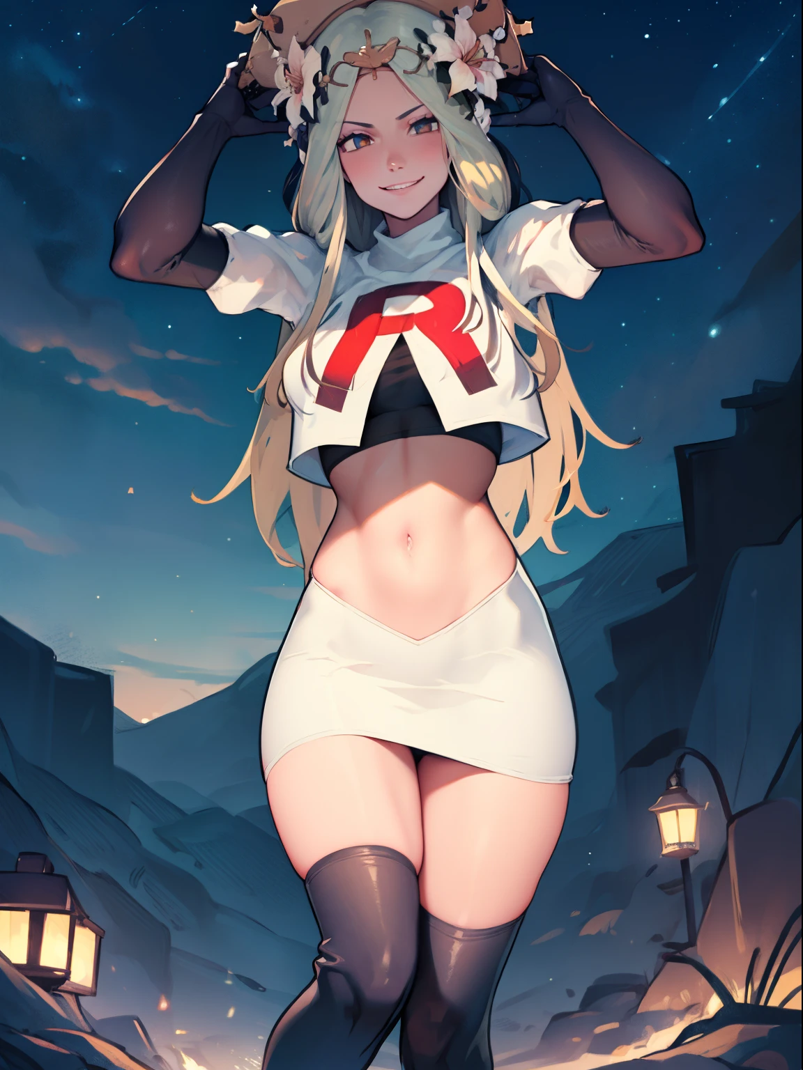 defRhea, headdress, hair flower, team rocket uniform, red letter R, white skirt,white crop top,black thigh-high boots, black elbow gloves, evil smile, looking at viewer, cowboy shot, sexy pose, night sky background