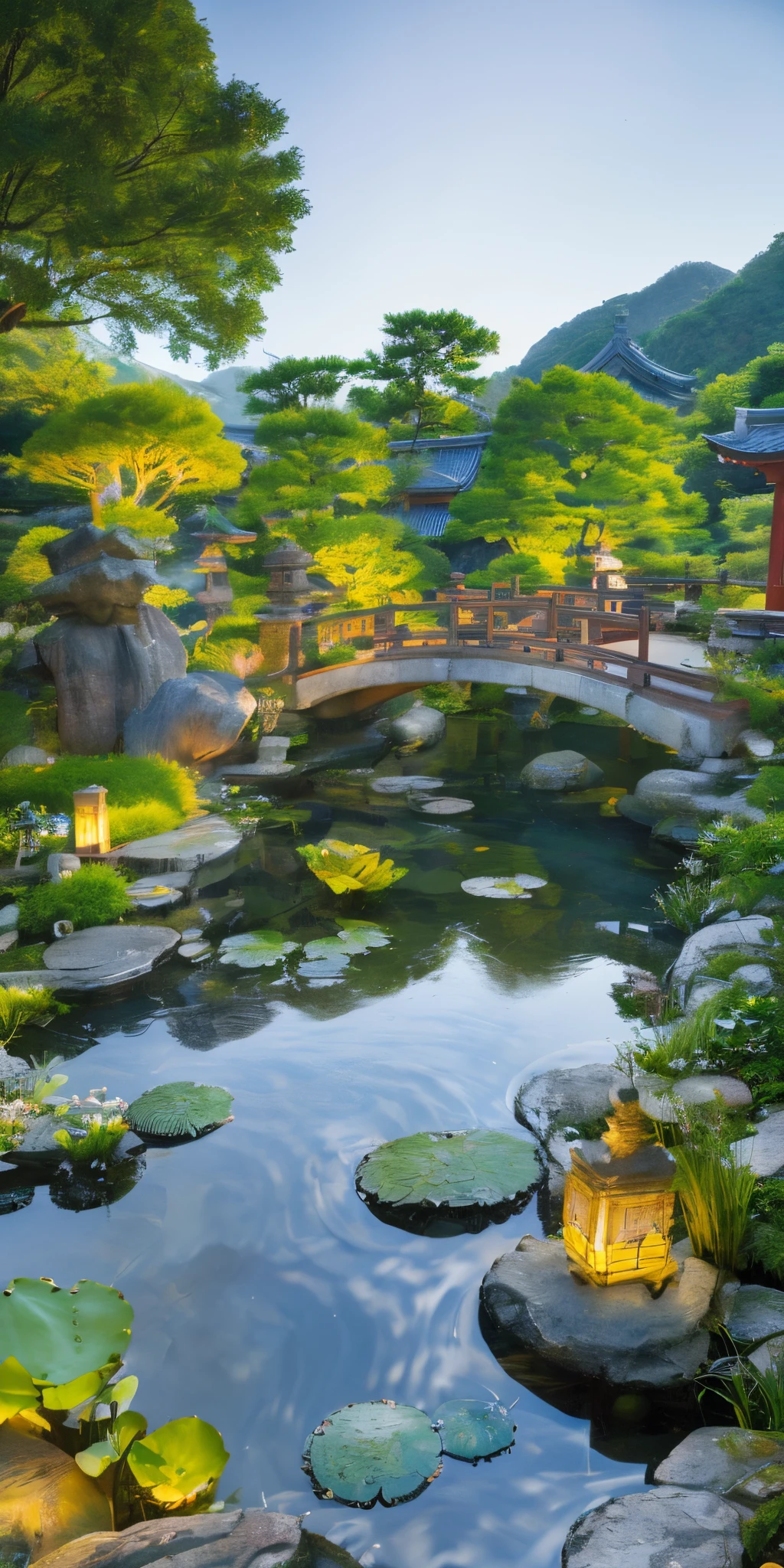 Ancient Chinese architecture, garden, bamboo, lake, stone bridge, rockery, arch, corner, rockery, tree, running water, landscape, outdoor, waterfall, grass, rock, water lily, stream, lotus, moon, night view, hot spring, water vapor, ( Illustration: 1.0), Epic Composition, Realistic Lighting, HD Details, Masterpiece, Best Quality, (Very Detailed CG Unity 8k Wallpaper), (Best Quality), Pebbles, Flowers, Verdant, Stones, Moss, Fish Pond, (Waterfall : 1.2), pastoral, Japanese structure --v 6