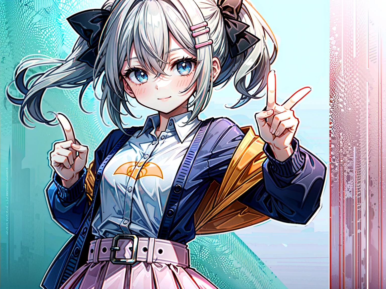 1girl, (solo:1.6), female focus, female, girl, masterpiece, best quality, high quality, (gray hair color:1.3), a cute girl doing the peace sign, long hair, wavy hair, hair between the eyes, (low pigtails:1.8), (blue eye color:1.3), looking at viewer, flatchested, shut up, closed mouth, light smile, smile, (light blue shirt:1.3), (orange and pink haori, orange and pink jacket, orange and pink hip-length jacket:1.5), (blue hairclips, light blue skirt, purple belt:1.75), thin body, (tan skin:1.85), colored skin, (white background:1.65), (upperbody, half-body adaptable, upper-body, head, chest, close-up, character in frame:1.5), perfect handiddle-centered)), (wallpaper:1.85), ((soft artstyle))