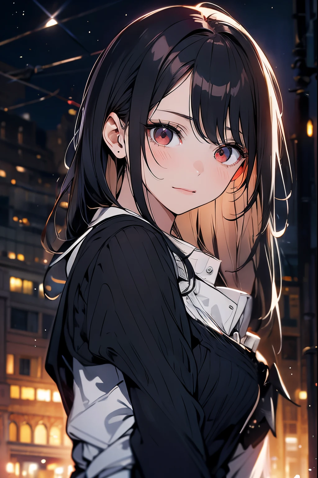 A sad looking girl looking at viewer, forced smile, worried, black eyes