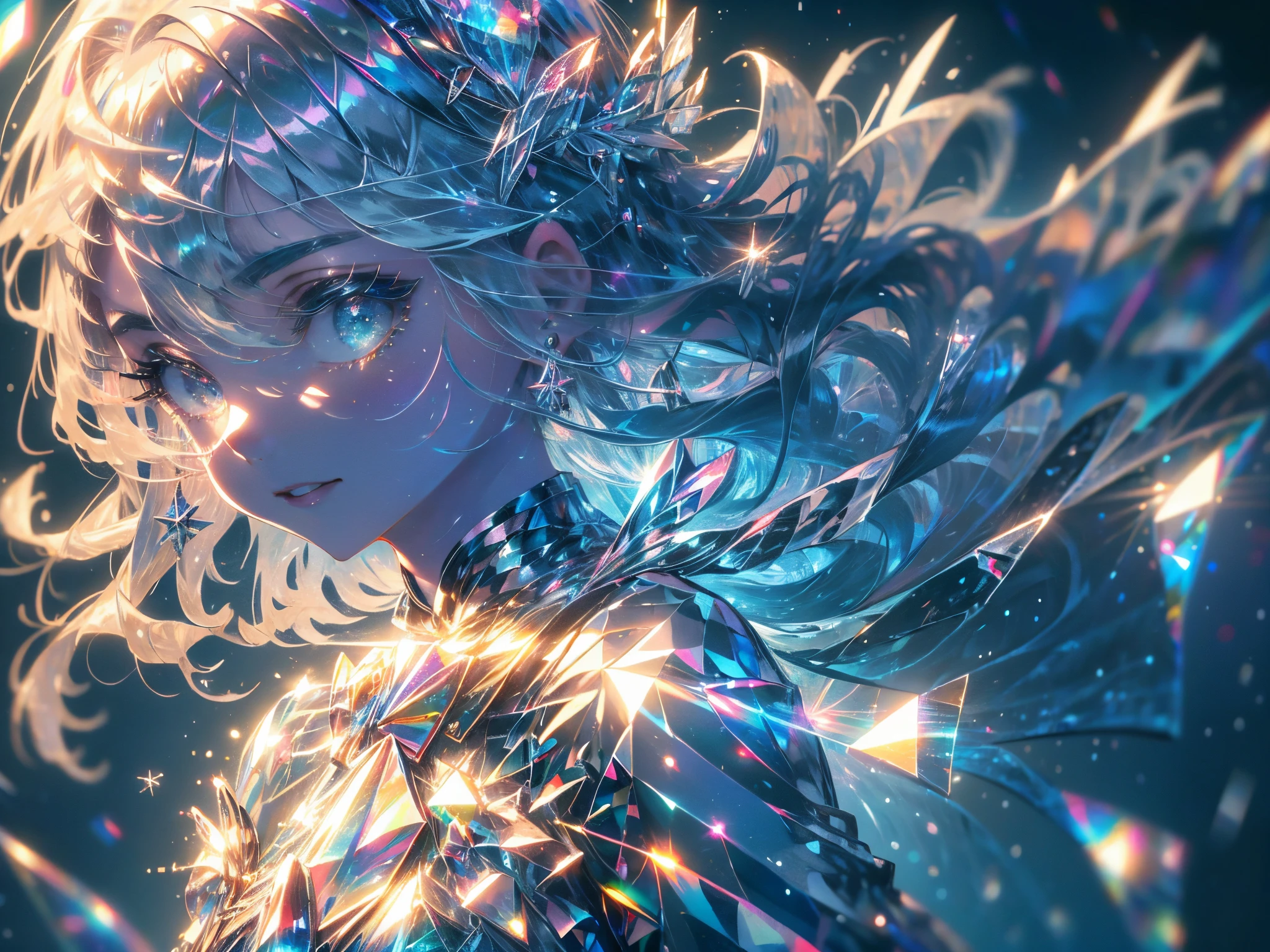 ((masterpiece,hight resolution,8K picture quality,top-quality)),1 female fairy,((extra detailed face)),femele,Delicate eyes,((Eyes iridescent)),((hairstyle on:buzzcut,Hair that shines when it catches the light)),lensflare,Dramatic makeup,smiling elegantly,Natural complexion,Diffuse reflection of light((colourfull:1.5)),Snowflake,Iridescent wings,Soaring in the sky,Snow at night,