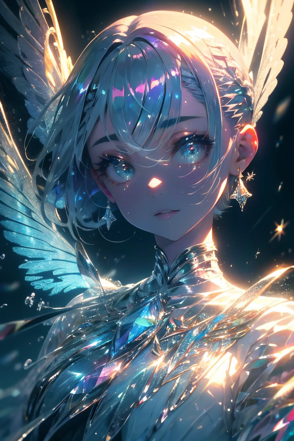 ((masterpiece,hight resolution,8K picture quality,top-quality)),1 female fairy,((extra detailed face)),femele,Delicate eyes,((Eyes iridescent)),((hairstyle on:buzzcut,Hair that shines when it catches the light)),lensflare,Dramatic makeup,smiling elegantly,Natural complexion,Diffuse reflection of light((colourfull:1.5)),Snowflake,Iridescent wings,Soaring in the sky,Snow at night,Snow sky,illuminations,