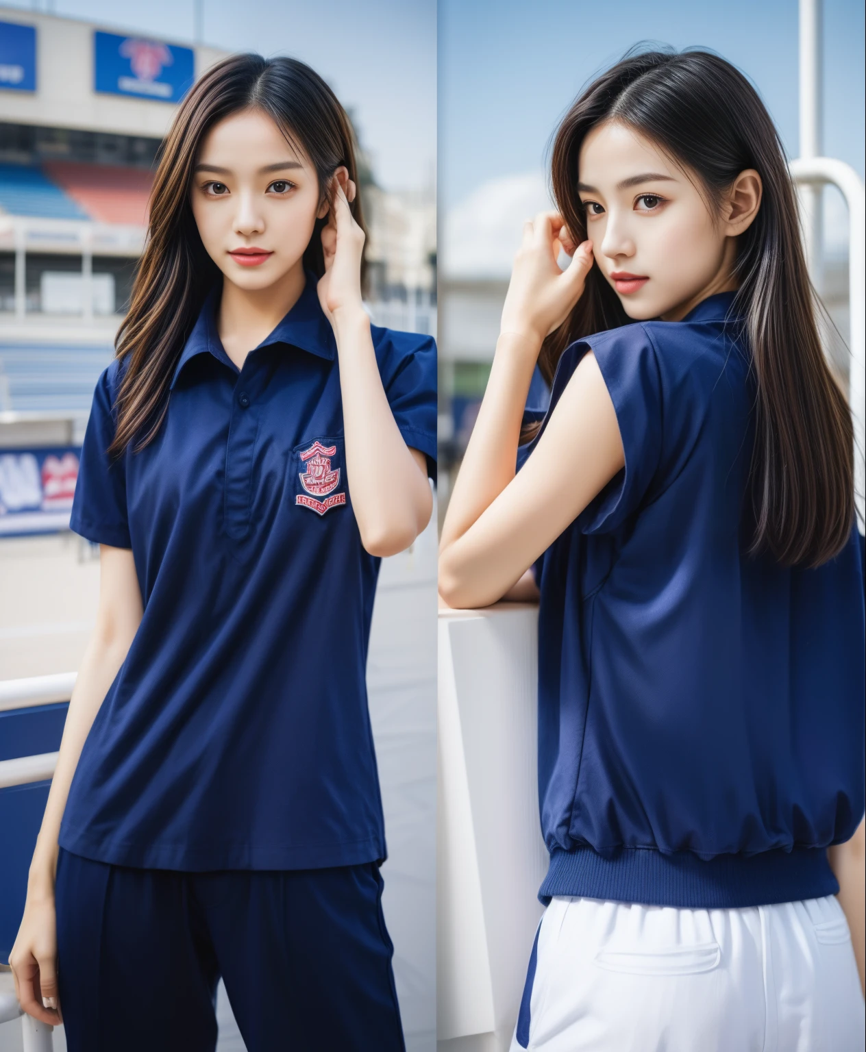 (bestquality,10,10,highres,masterpiece:1.2),ultra-detail,(Realistic,photorealistic portrait,photo-realistic:1.37),1 Cute girl in the football field,oily shiny skin,bara,light smile,BDclothelue shirt:1.3)),short sleeves,shirt, trousers.,(navy_long_Pants Track:1.1), ((Stadium Background:1.3)),dynamic angle,excited,face focus,Dynamic Poses,from behide,Ass Focus,masterpiece, bestquality, ultra realistic, hyper-detail, 8k resolution, RAW photo, crisp focus, ((Navy blue shirt:1.1)), short sleeves, Long Path, Perfect body, 2 mature women, 18yo, cinematic light,Blue sweatpants,Gymware,Correct anatomy,Complete body, Correct body, sharp face, Anatomically correct body, full entire body, Realistic gestures, long-haired, Realistic poses,Wear long shorts..............................,Long leg span,Shapely,Sculpting Girl, Slender Figure, mannequin mannequins, Shapely, Beautiful body,Blue sweatpants, Two girls kissing