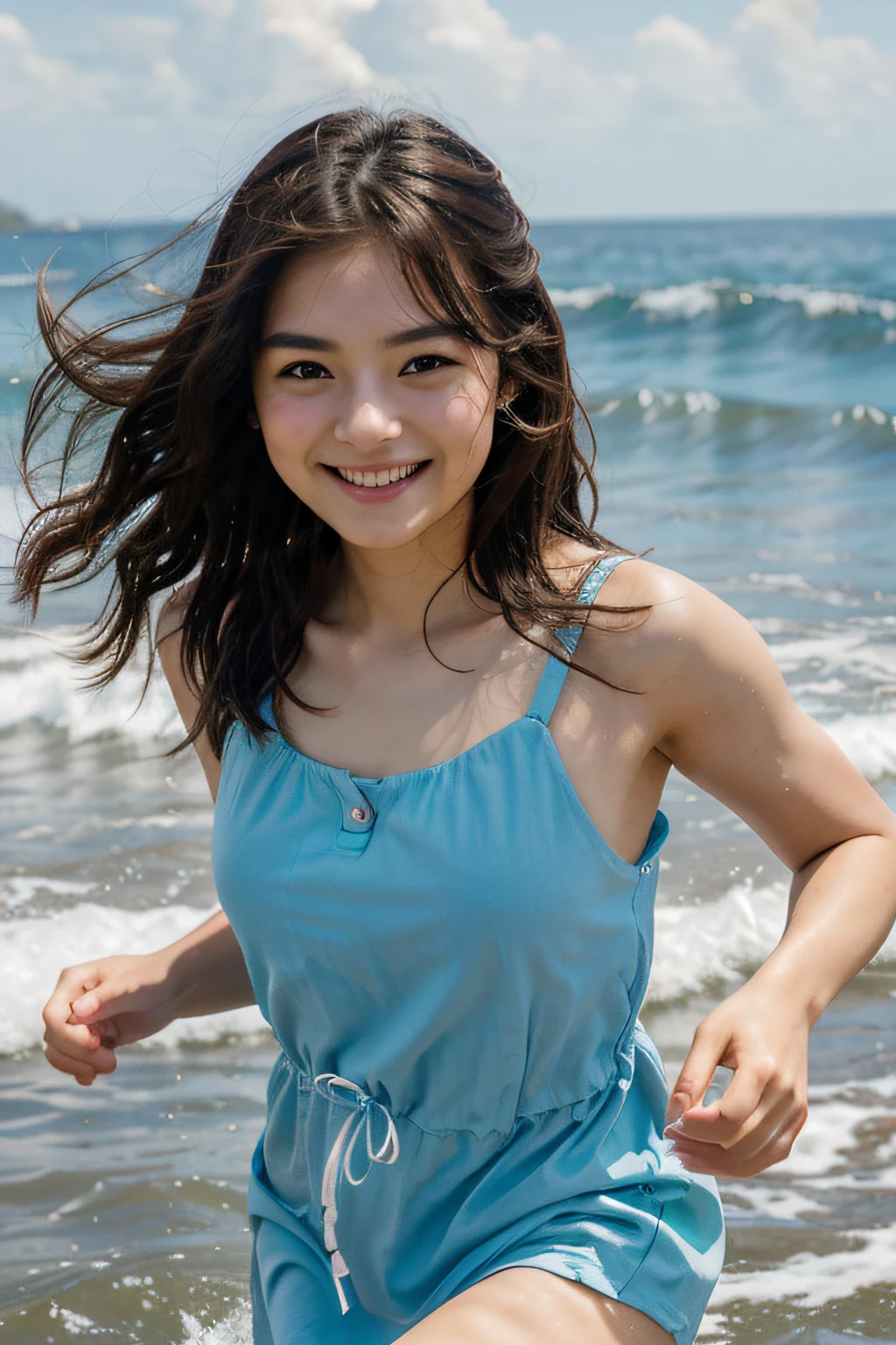 cute little、Unclear、A smile、healthy、japanes、a 18 year old girl、Good Style、Idol、dong'don't touch your hair、Wearing a dress、running in the sea