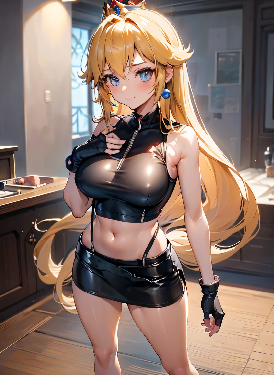 ((masterpiece)), ((best quality)), (ultra-detailed), ((kawaii)), cute, (lovely), ((sexy)), ((extremely detailed)), 4K, (8K), best quality, (beautiful), (anime style:1.2), flat color, painting, //, dynamic pose ((nsfw)), //, full body, gradation, Beautiful girl with blonde hair,with hair dishevelled,long blonde hair,Sick,White pupils,The legs are very thin,The legs are long, blue eyelashes, masterpiece, 1girl ((20 years old)), Princess peach, (white sports bra), white crop top, (black pencil skirt), (black suspenders), (black loose ankle socks), (red sneakers), (fingerless gloves), from sides, Smile, Long hair, (blonde hair, Deep Blue Eyes:1.2), Sparkling eyes, (Perfect eyes:1.2), (Perfect iris:1.2), //, (cool), //, shiny-glistening, ultra shiny body, gleaming, Cute face, kawaii, Large breasts, delicate hair, disheveled hair, bar, pub ((7th heaven)) , ((ground view)) Tall and tall,Thin, 8k, ultrarealistik, oficial art, NSFW, blush