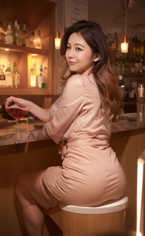 47 years old ，holding a wine cup，sitting at bar，Elegant femininity，with long coiled hair，，Pear-shaped buttocks