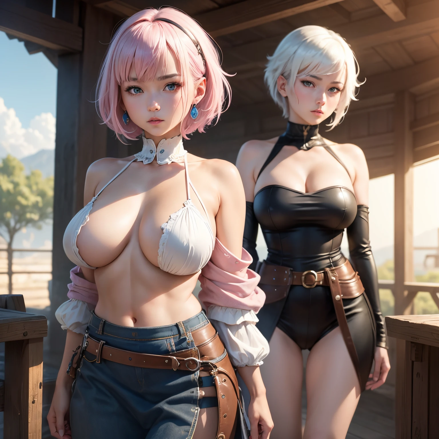 8k, masterpiece, best quality, realistic, higly detailed, cowboy shot, 1girl, solo, Ichika Nakano, young girl, very short hair with a single long strand on the right side, white-pink hair, a single earring, dark blue eyes, average height, well-endowed figure, large breasts, cute, Call of Duty