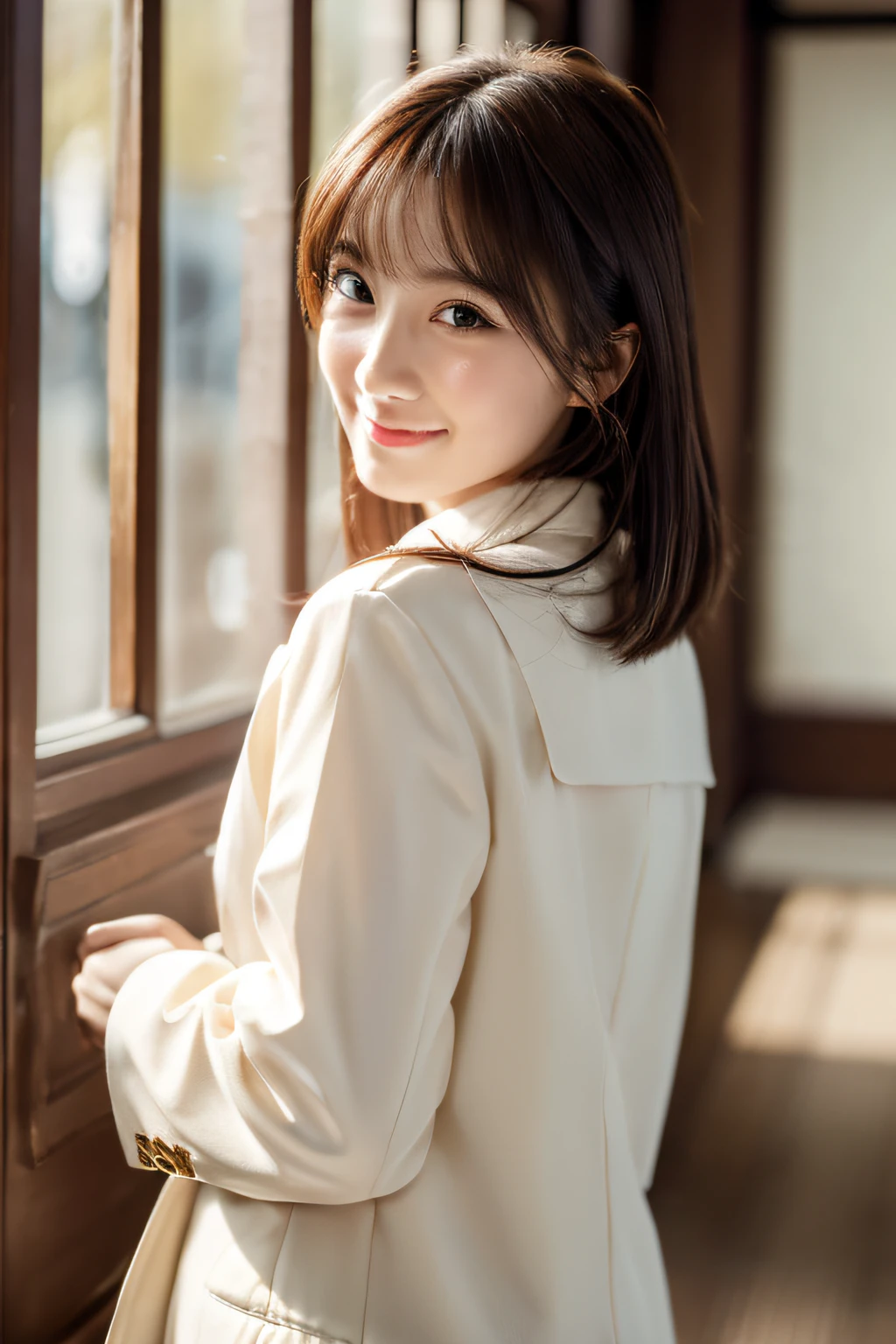 Top quality prompts for specific themes,8K,masutepiece:1.3),Sharp Focus:1.2, Perfect Body Beauty:1.4, detailed buttocks:1.2,Japan smiling girl, Beautiful face, He is wearing a school uniform consisting of a coat and a white shirt., Facing the camera. her expression is a little trembling, While the lighting in the scene remains neutral. top quality picture, Ultra high resolution and photorealistic rendering, Pay attention to the finer details. The color of the image is subtle, Maintains a harmonious and comfortable beauty.