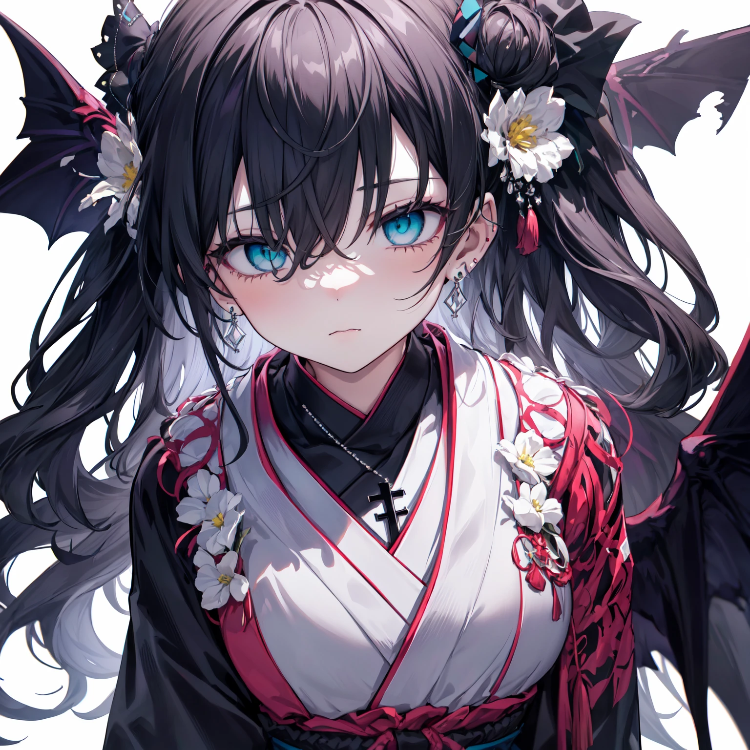 (masterpiece, absurdres, a high resolution, hyper-detailing, hdr, highres, best quality, high quality, 8k, beautiful lighting, ultra_detailed, highres, highest quality, beautiful, cute, digital art:1.2), (amazing details, detailed hair, detailed eyes:1.25), (perfect eyes, even eyes:1.4), (an anime drawing of a girl, anime styled, anime:1.1), looking at viewer, 1girl, girl, (solo:1.3), anime girl with black and white devil horns, (long wavy crazy hair:1.8), (white flower hair ornament with black leaf:1.1), ((rectangle earrings)), ((white cross necklace)), (bangs), (swepted angs:1.4), wispy bangs, frilled bangs, head, [17-year-old anime], (devil, demon, demon girl, pink wings), (gothic!!, gloomy style, pastel goth, creepy kawaii, goth girl, neon goth, emo girl, goth girl, aesthetic cute with flutter:1.6), [in style of cytus and deemo], (half body adaptable:1.99), (close-up:1.99), (black hair color:1.99), (cyan eyes:1.45), marked face, (black kimono:1.2), long dress, pale skin, (emotionless:1.2), white leggings, black and white thonged Japanese sandals, (ribbons: 0.1), (medium breasts:1.1), thin body, [butterflielack color scheme, [mouth], (white background:1.8)