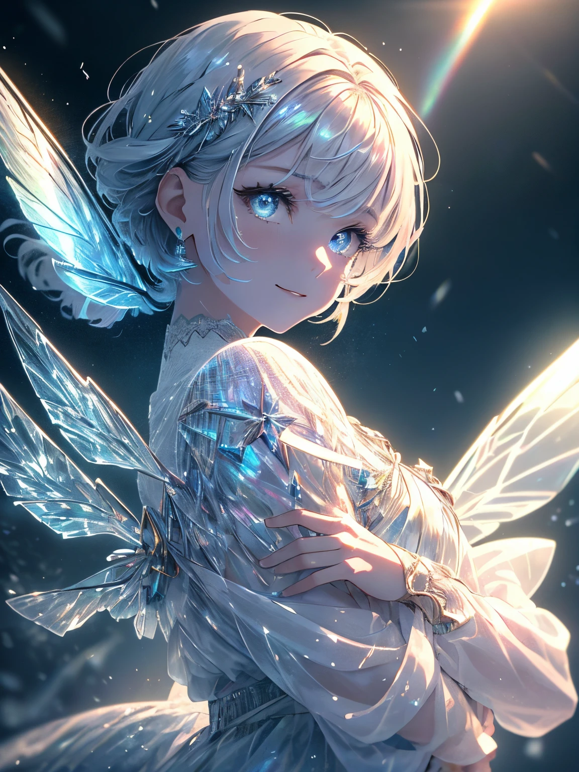((masterpiece,hight resolution,8K picture quality,top-quality)),1 female fairy,((extra detailed face)), Fairy,Delicate eyes,((Eyes iridescent)),((hairstyle on:buzzcut,Hair that shines when it catches the light)),lensflare,Dramatic makeup,smiling elegantly,Natural complexion,Diffuse reflection of light((colourfull:1.5)),Snowflake,Iridescent wings,Soaring in the sky,Snow at night,Snow sky,illuminations,