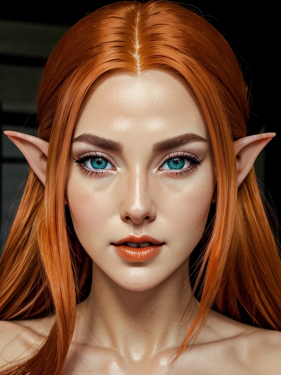 realistic elf woman, very detailed faces, orange hair, orange eyes, orange lips, full body, NSFW, red blush, blushing, slim abdomen: 1.2, detailed eyes, sexy, undressed, naked, open mouth,