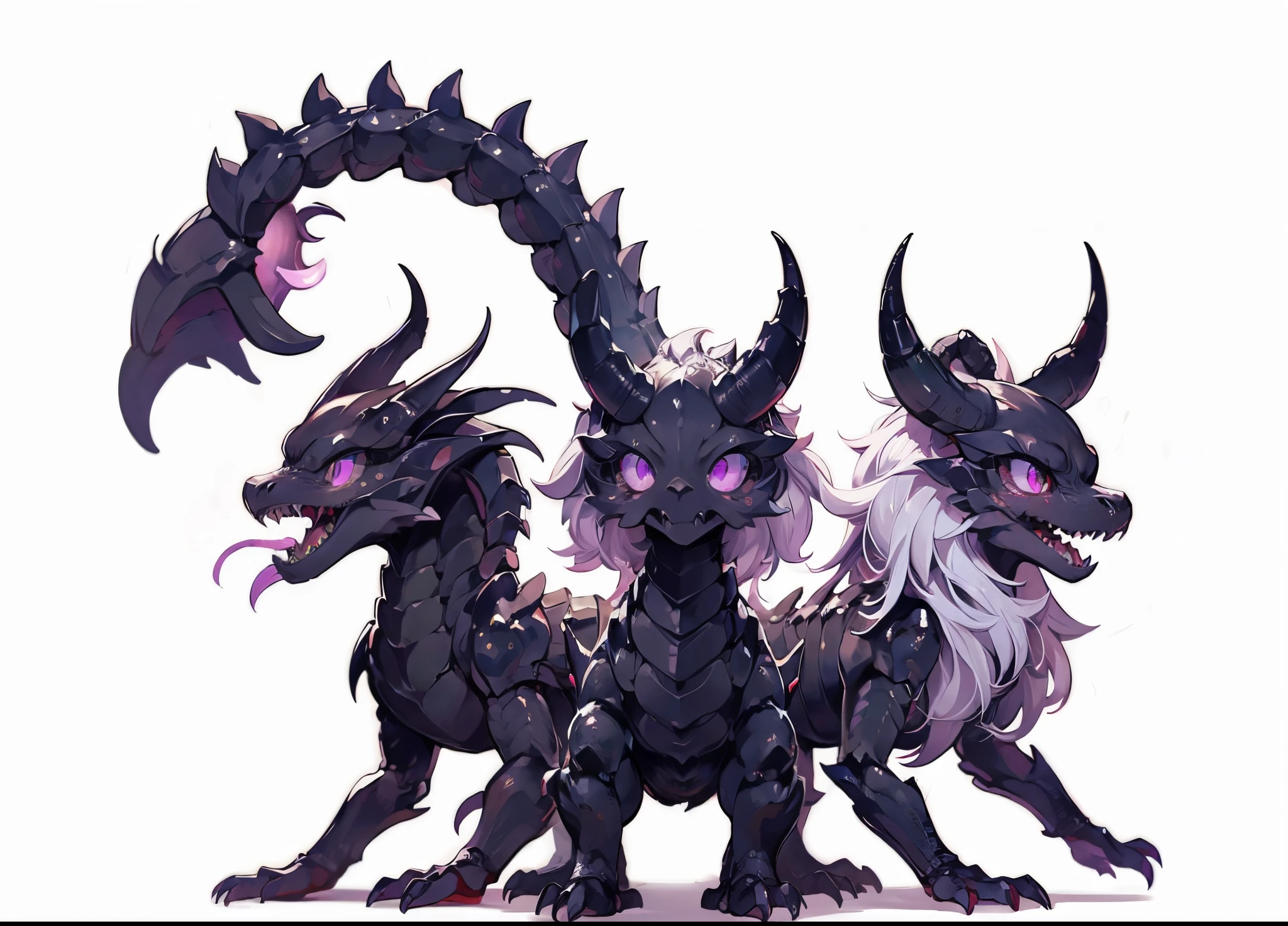 Azdahaku. Female Dragon. scorpion element. Meskemo. Black exoskeleton. Three-head. Compound eye. Anime style.